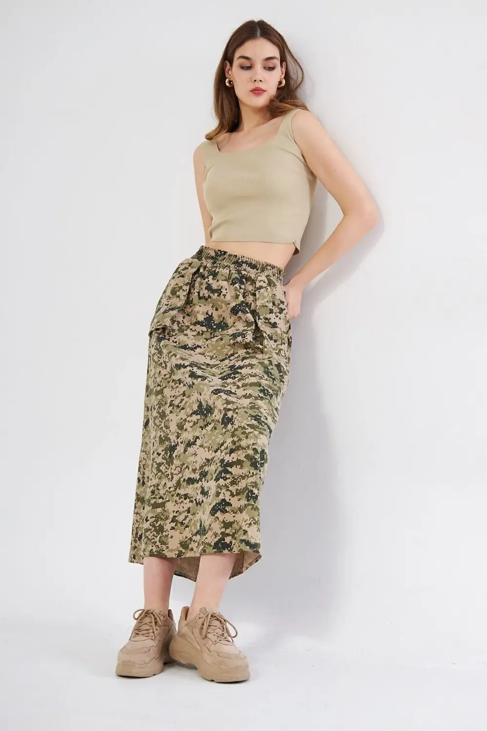 Kadın Kamuflaj Desen Gabardin Kumaş Etek Beli Lastikli Cep Detayl