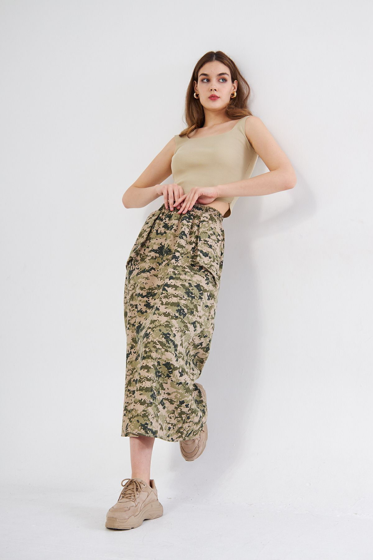 Yıldızistan Kadın Kamuflaj Desen Gabardin Kumaş Etek Beli Lastikli Cep Detayl