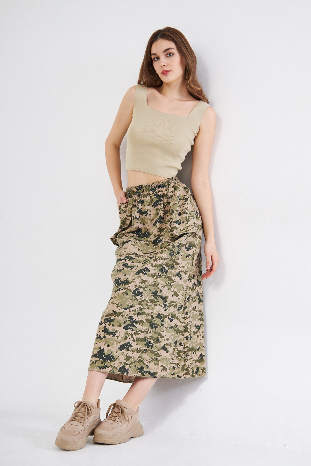 Yıldızistan Kadın Kamuflaj Desen Gabardin Kumaş Etek Beli Lastikli Cep Detayl