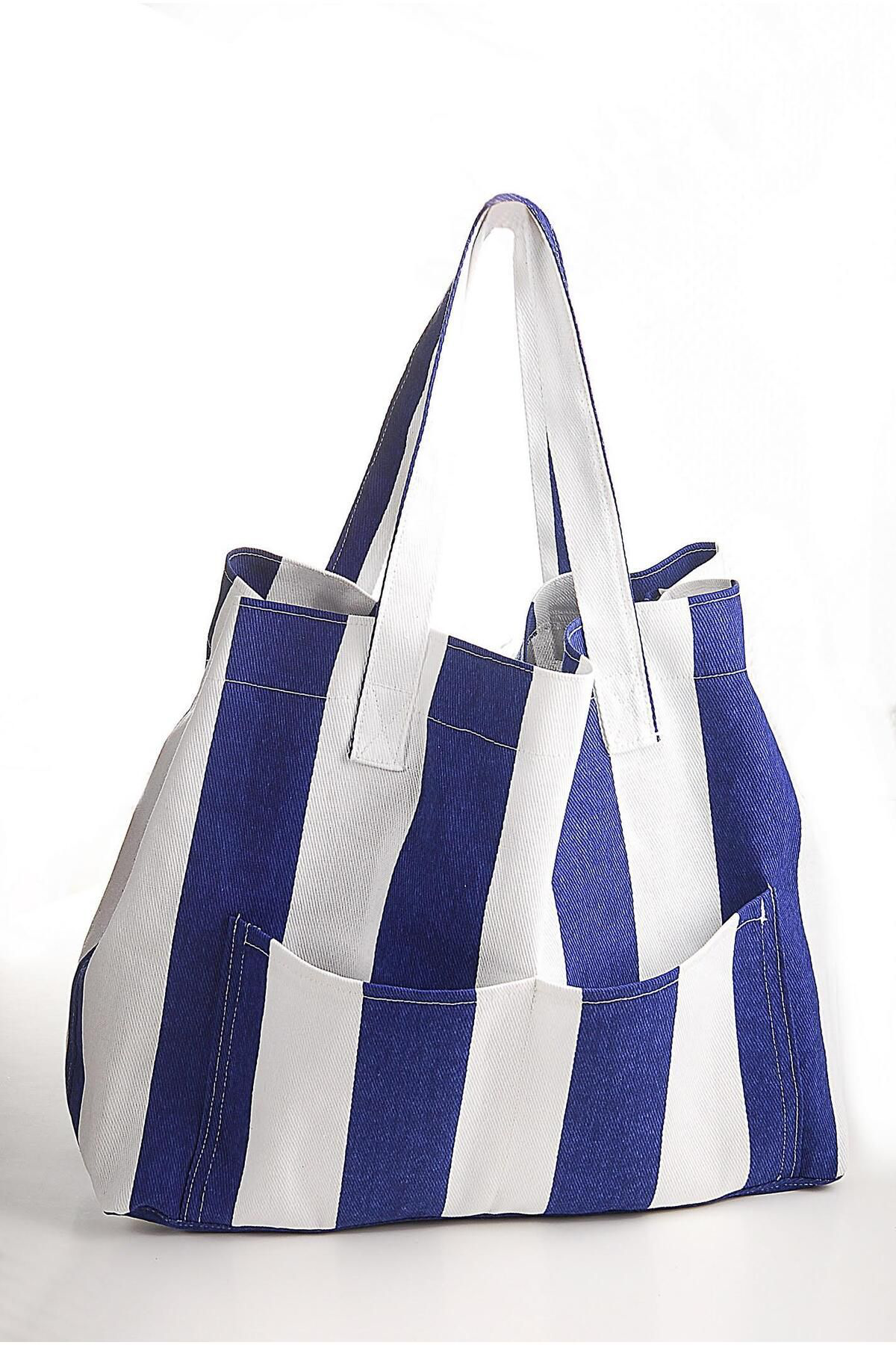 Zs Demir Kadin Kanvas 2 Cepli Günlük Renkli Plaj Omuz Çantasi Mavi