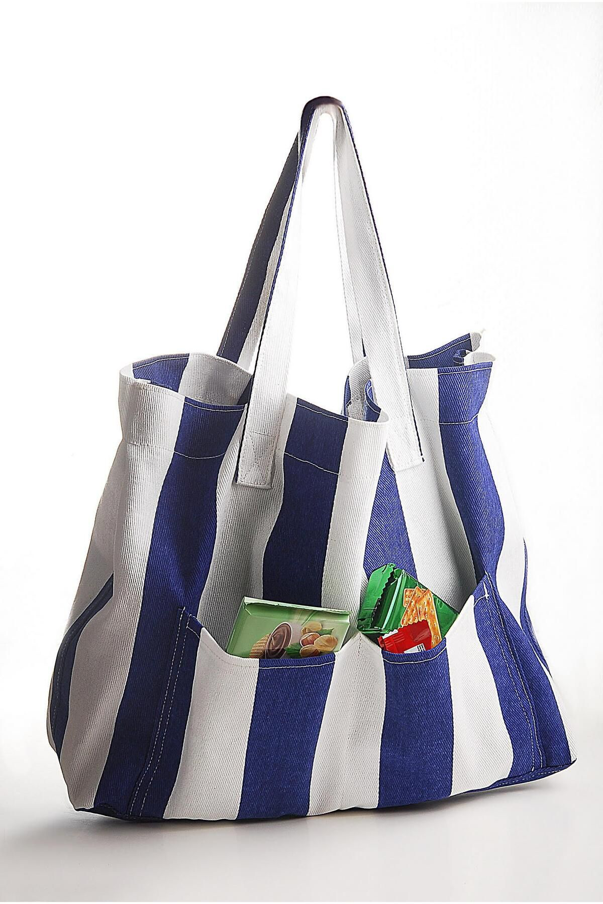 Zs Demir Kadin Kanvas 2 Cepli Günlük Renkli Plaj Omuz Çantasi Mavi