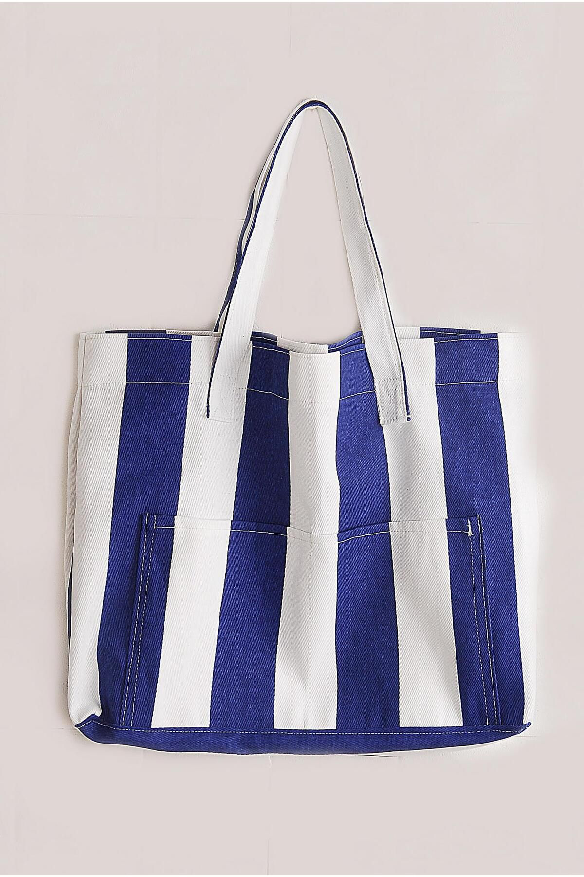 Zs Demir Kadin Kanvas 2 Cepli Günlük Renkli Plaj Omuz Çantasi Mavi