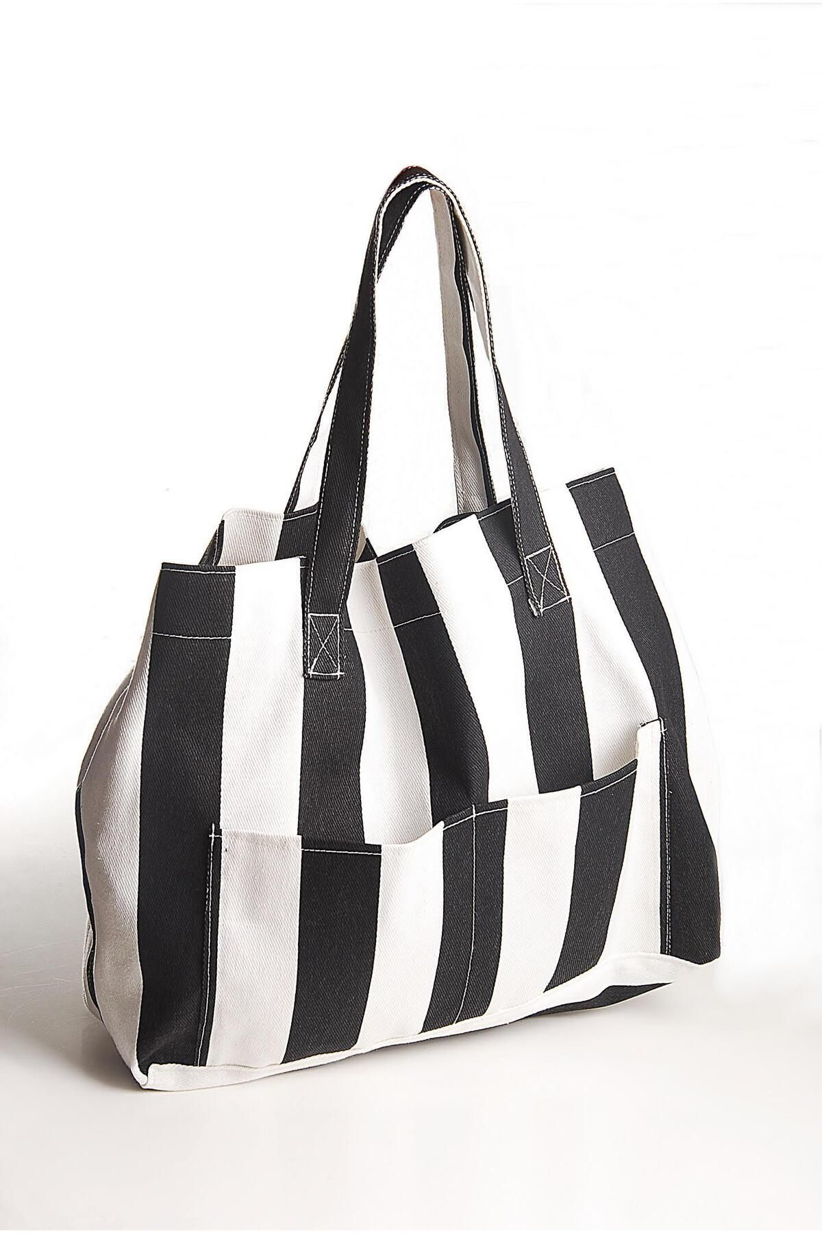 Lyida Kadin Kanvas 2 Cepli Günlük Renkli Plaj Omuz Çantasi Siyah