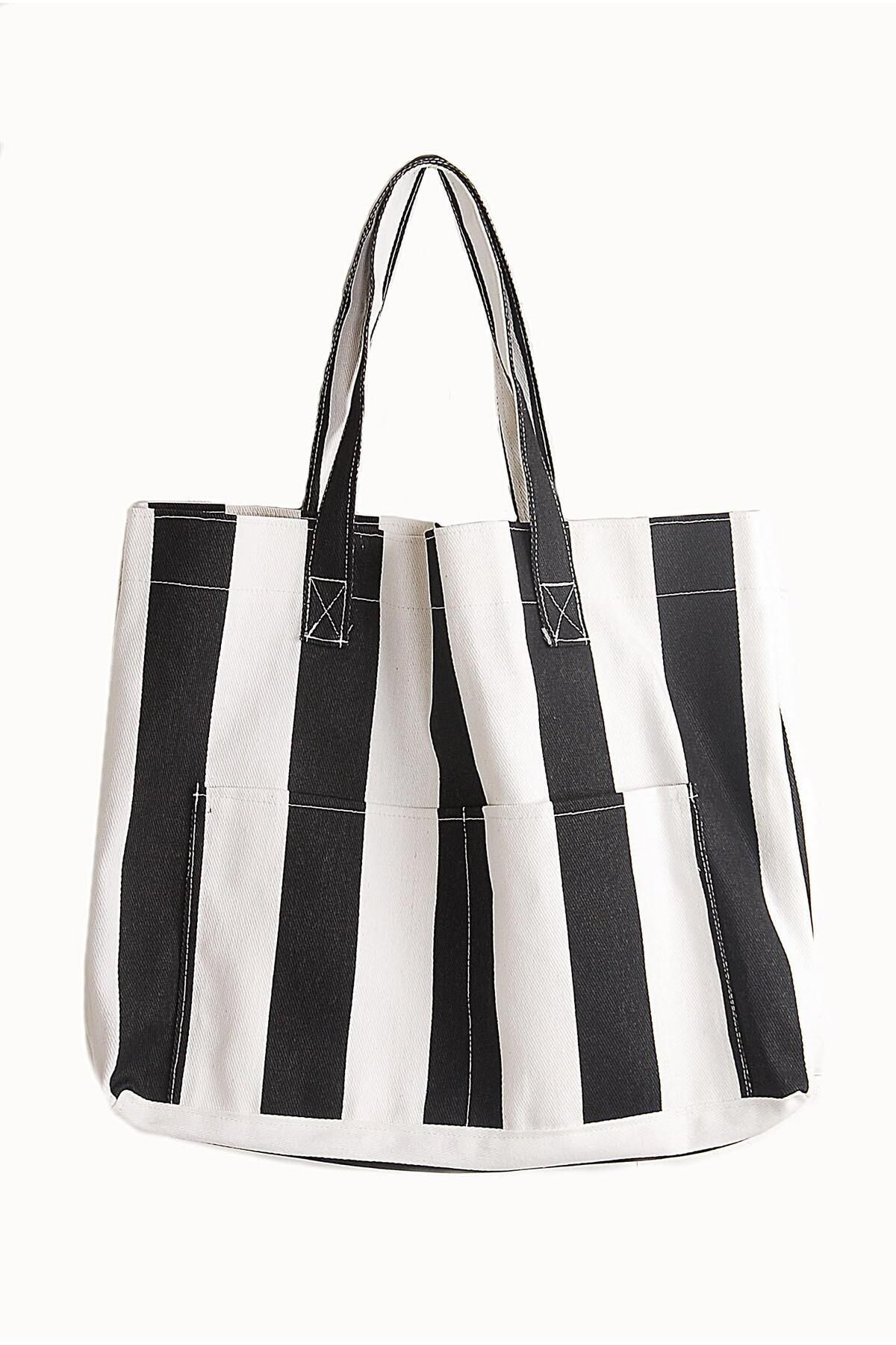 Lyida Kadin Kanvas 2 Cepli Günlük Renkli Plaj Omuz Çantasi Siyah