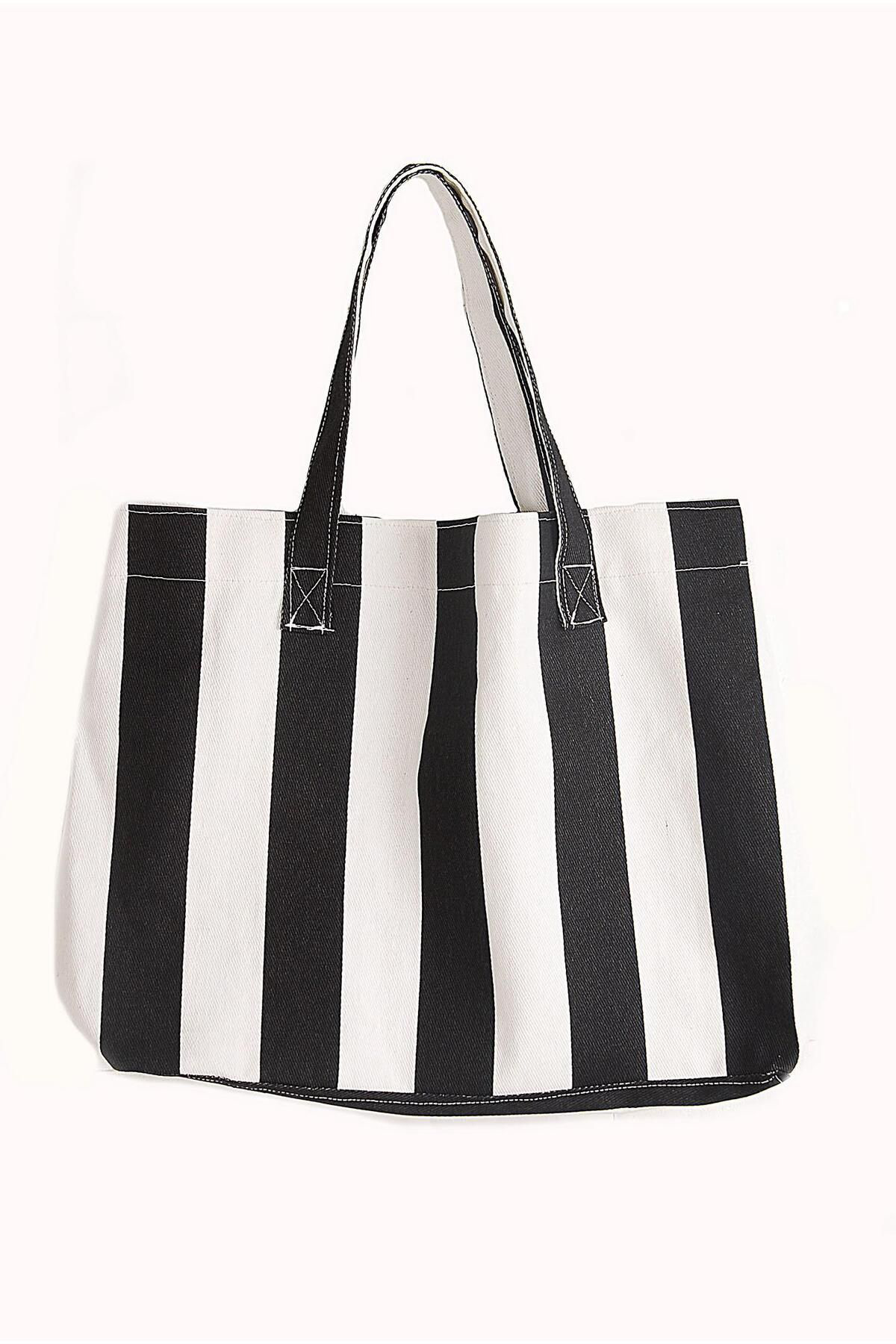 Lyida Kadin Kanvas 2 Cepli Günlük Renkli Plaj Omuz Çantasi Siyah