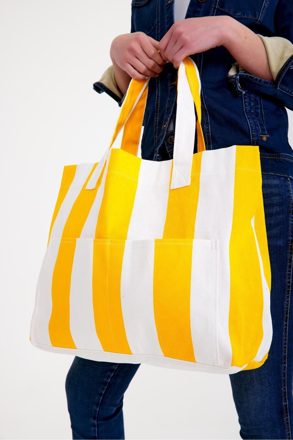 Nexlclon Kadin Kanvas 2 Cepli Günlük Renkli Plaj Omuz Çantasi Sari