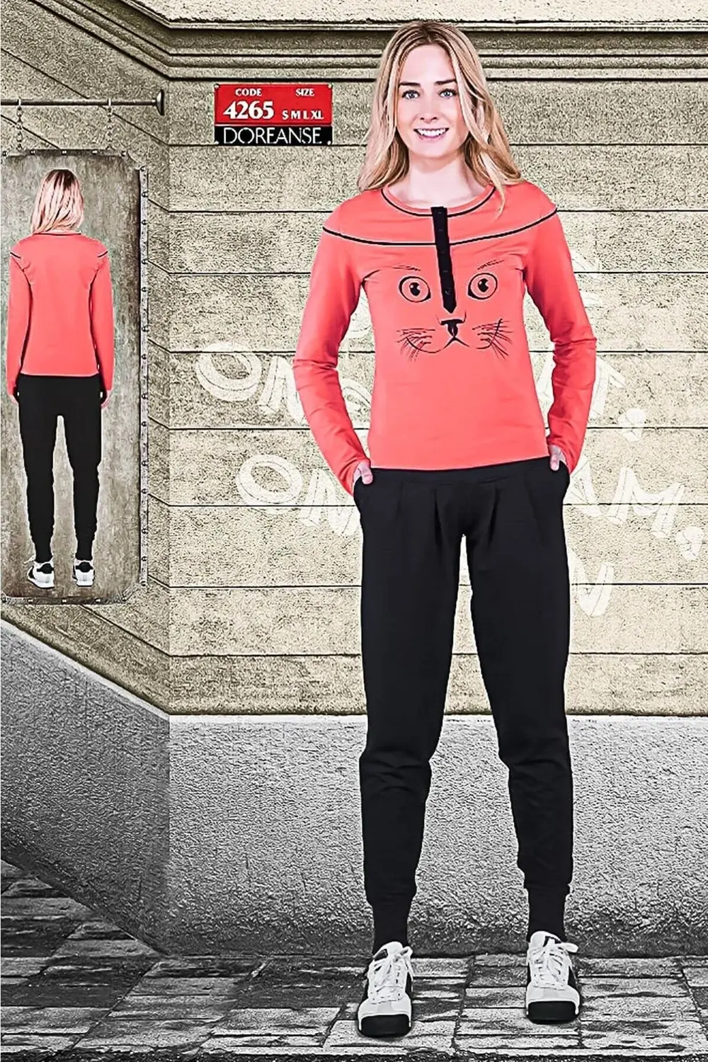 Kadın Kapamasız Uzun Kol Açık Yaka Eşofman Takımı Mercan 4265