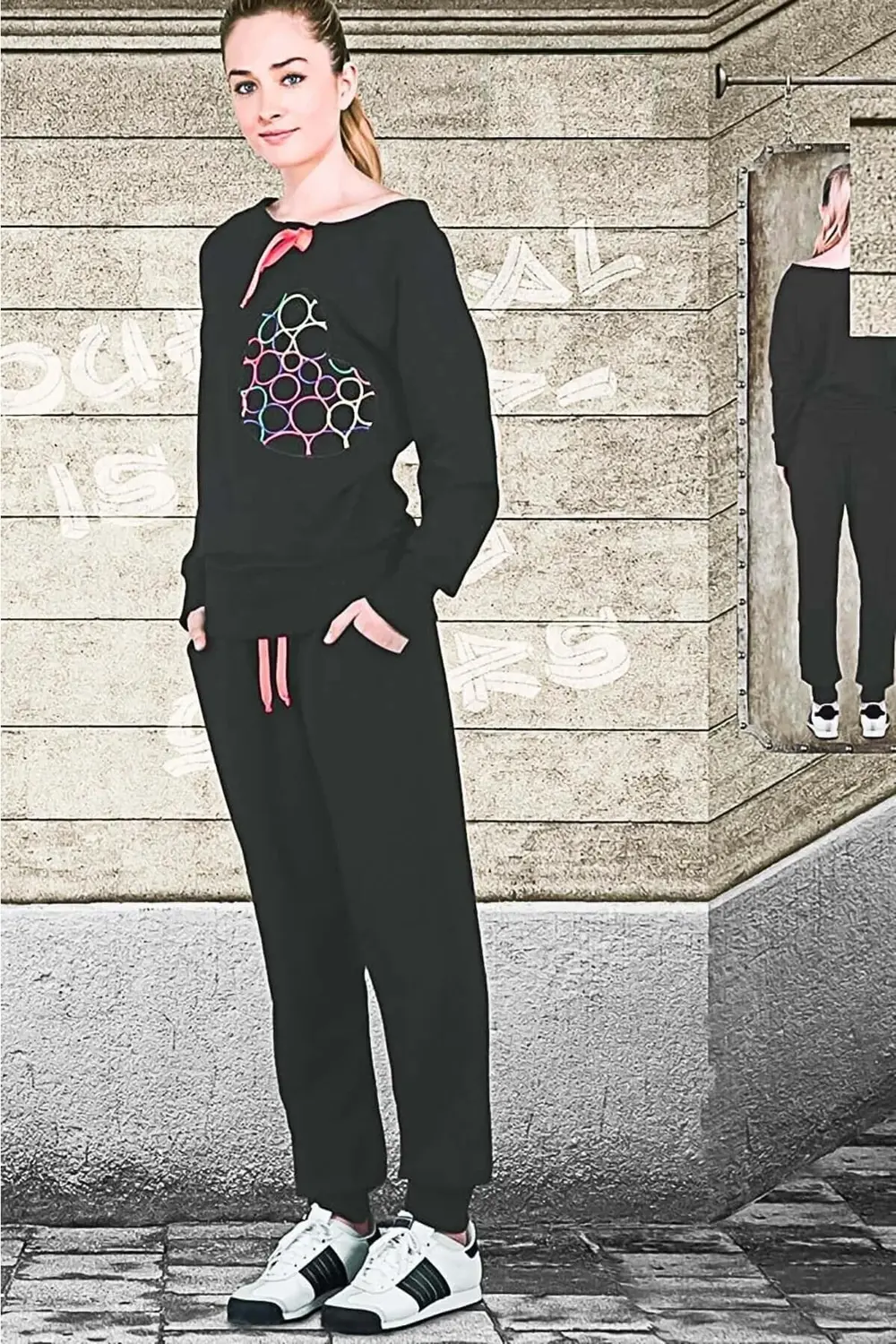 Kadın Kapamasız Uzun Kol Açık Yaka Eşofman Takımı Siyah 4260