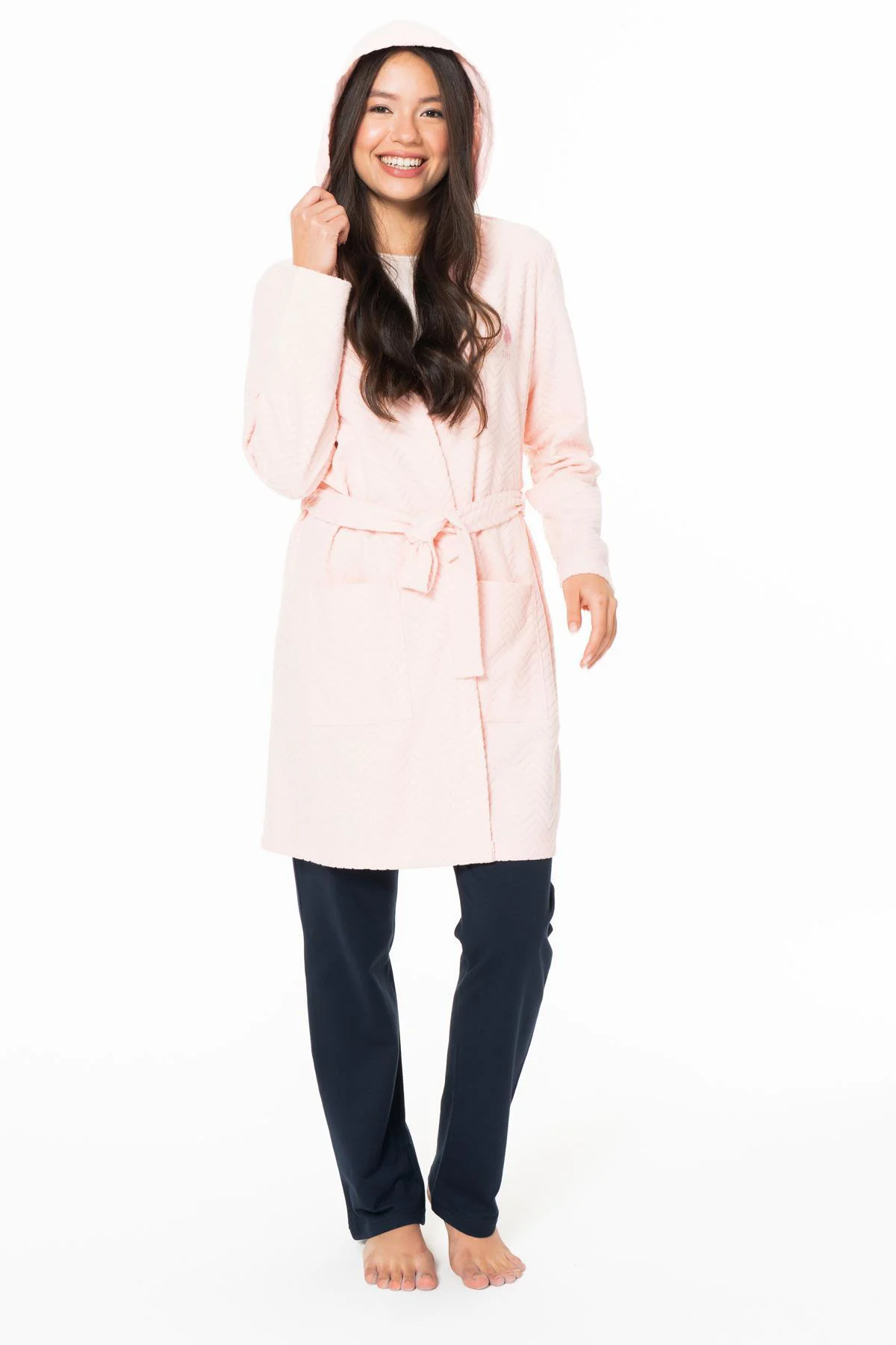 Kadın Kapşonlu Polar Sabahlık, %100 Polar