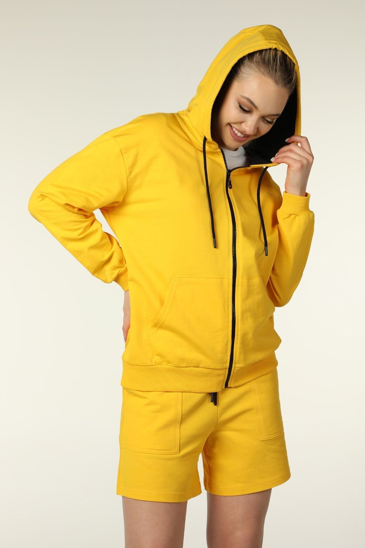 Defys Kadin Kapüşonlu Fermuarli Oversize Sweatshirt Sari