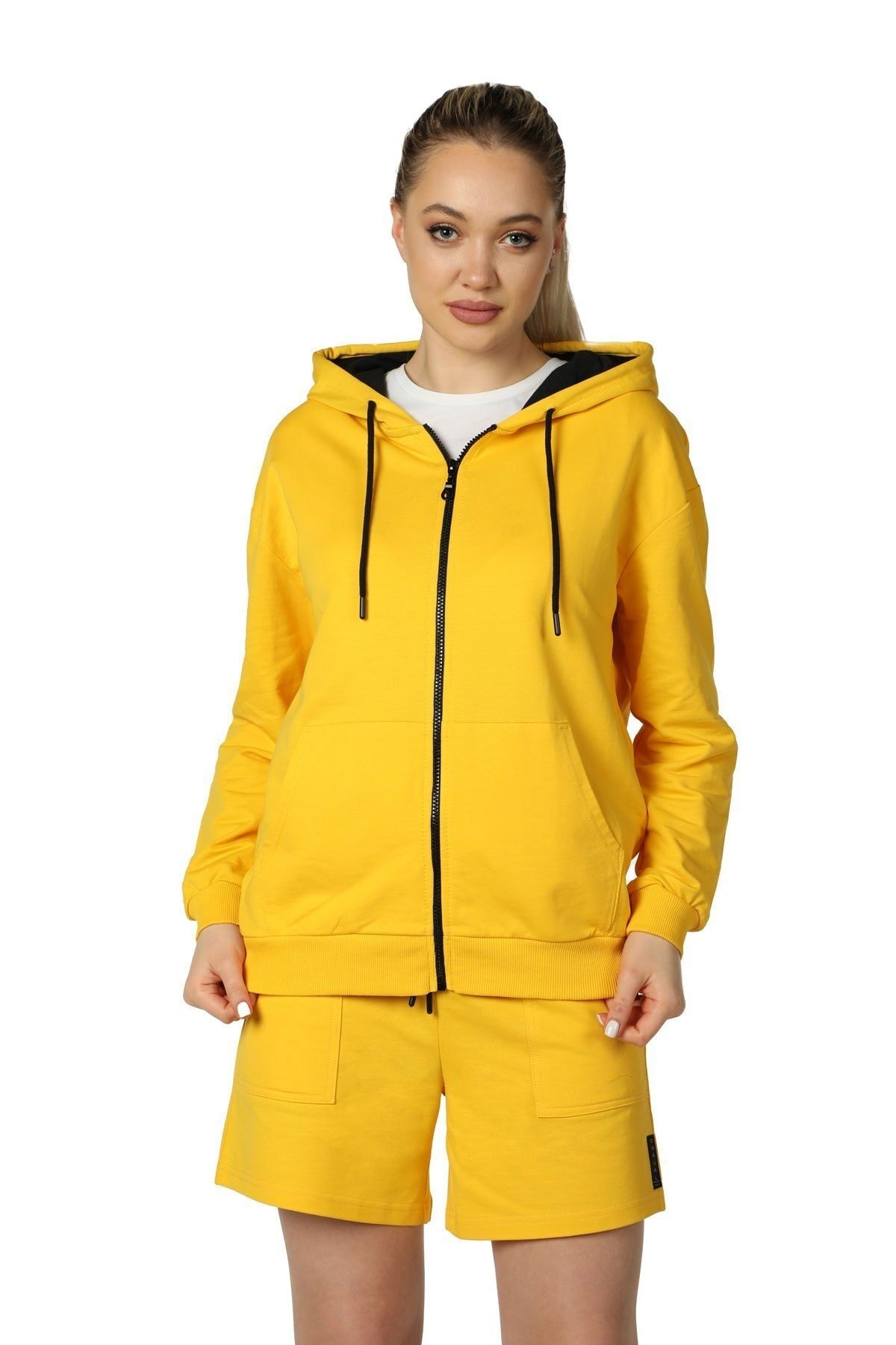 Defys Kadin Kapüşonlu Fermuarli Oversize Sweatshirt Sari