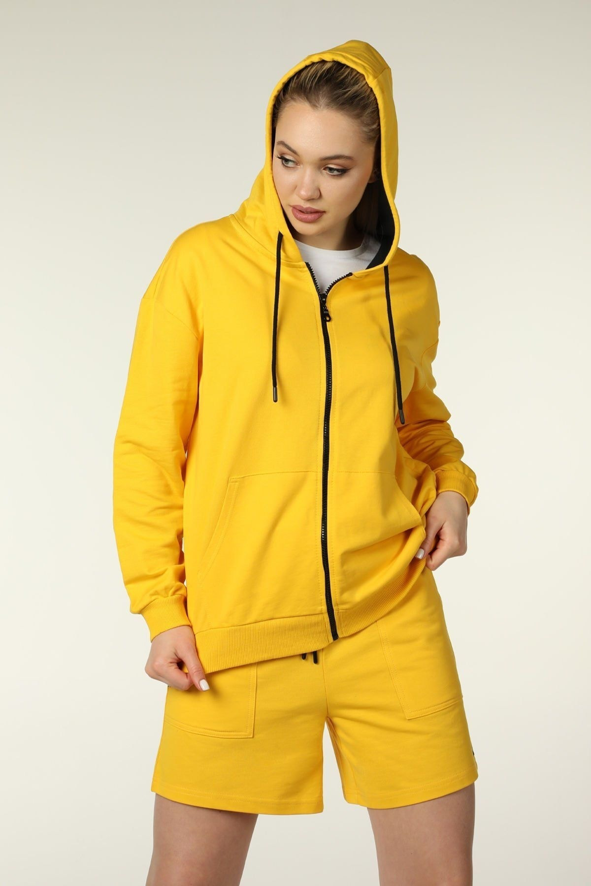 Defys Kadin Kapüşonlu Fermuarli Oversize Sweatshirt Sari