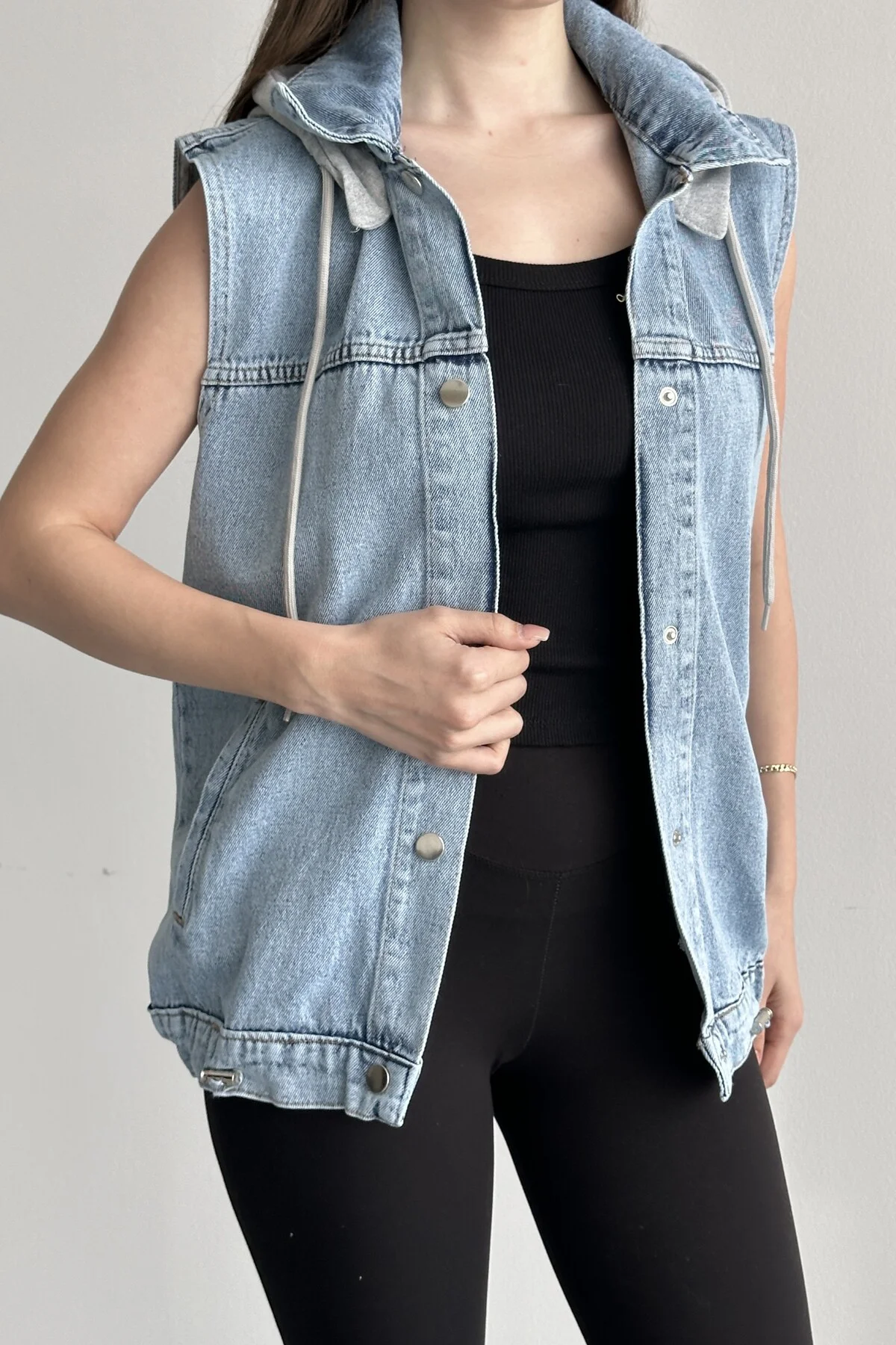 Kadın Kapüşonlu Jean Yelek Oversize Denim Günlük Basic Kot Yelek