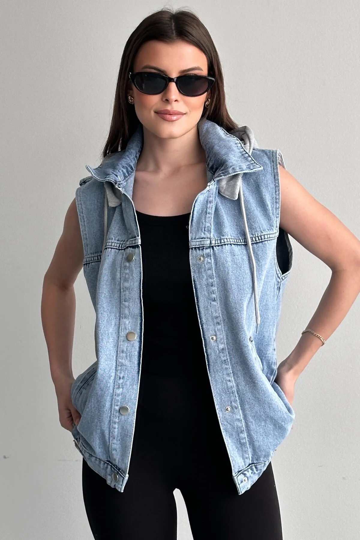 Kadın Kapüşonlu Jean Yelek Oversize Denim Günlük Basic Kot Yelek