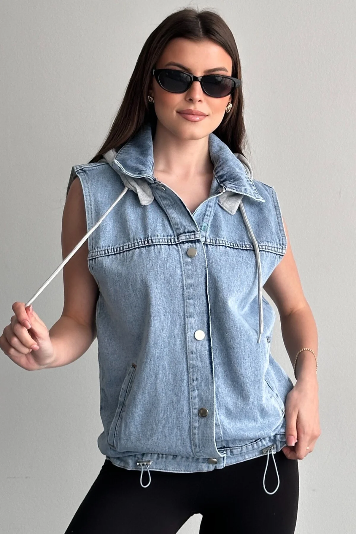Kadın Kapüşonlu Jean Yelek Oversize Denim Günlük Basic Kot Yelek