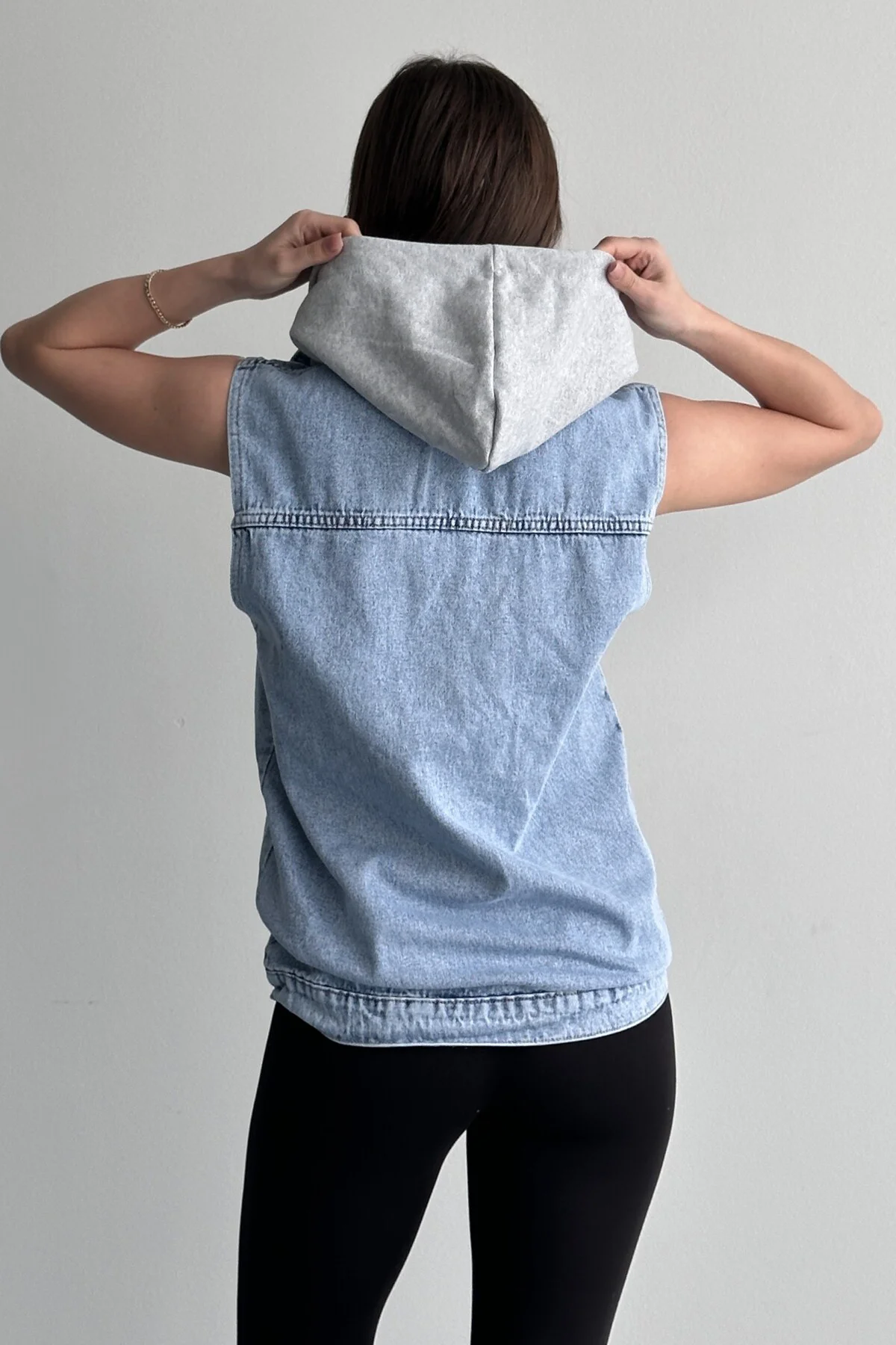 Kadın Kapüşonlu Jean Yelek Oversize Denim Günlük Basic Kot Yelek