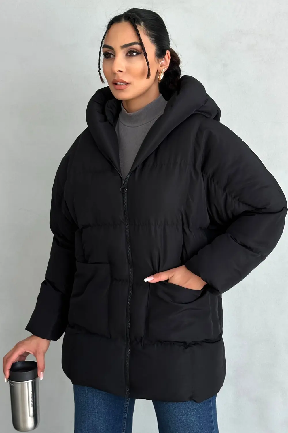 Kadın Kapüşonlu Oversize Siyah Şişme Mont - Puffer Yarasa Kol Kış