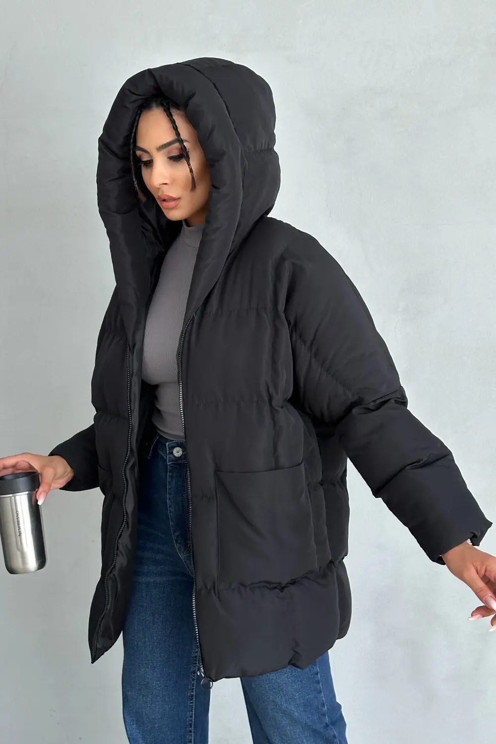 Kadın Kapüşonlu Oversize Siyah Şişme Mont - Puffer Yarasa Kol Kış