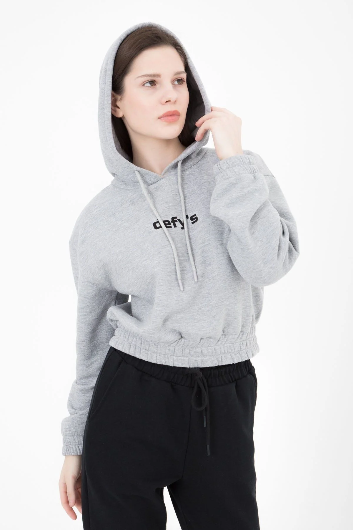Kadın Kapüşonlu Regular Fit Baskılı Crop Sweatshirt Antrasit Mela