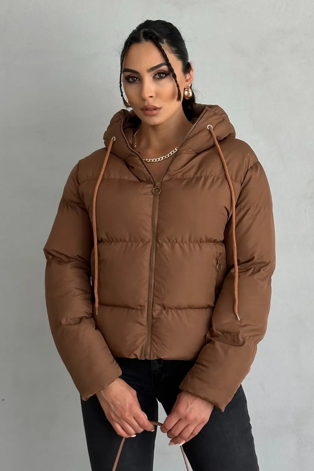 Kadın Kapüşonlu Şişme Mont - Yakası Bağcıklı