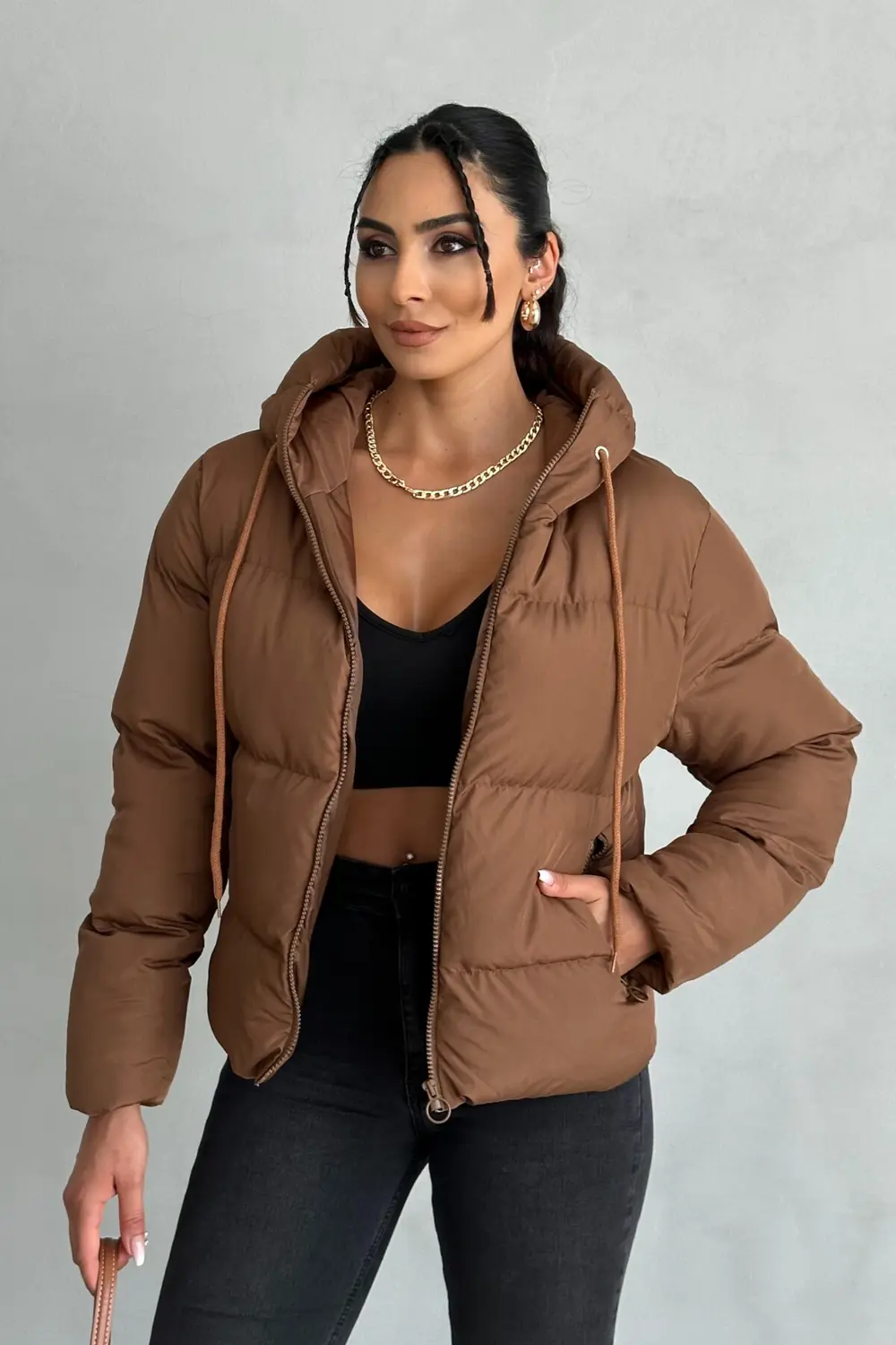 Kadın Kapüşonlu Şişme Mont - Yakası Bağcıklı