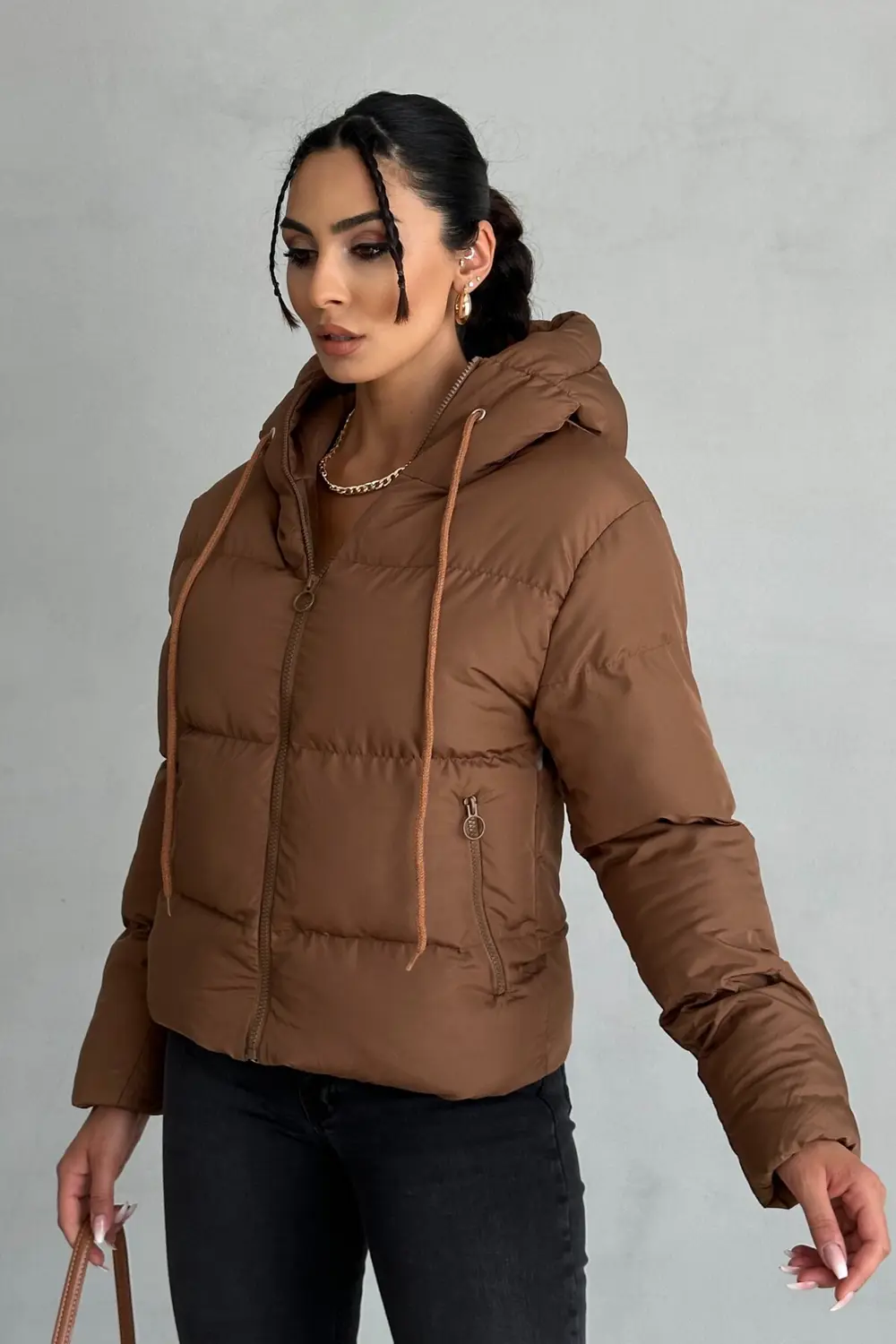 Kadın Kapüşonlu Şişme Mont - Yakası Bağcıklı