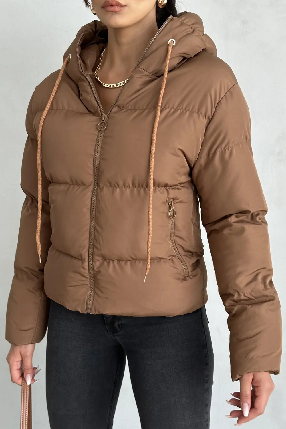 Kadın Kapüşonlu Şişme Mont - Yakası Bağcıklı