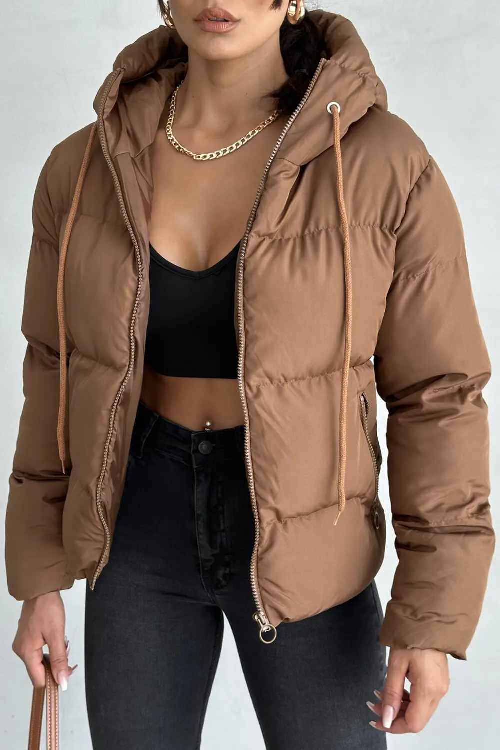 Kadın Kapüşonlu Şişme Mont - Yakası Bağcıklı