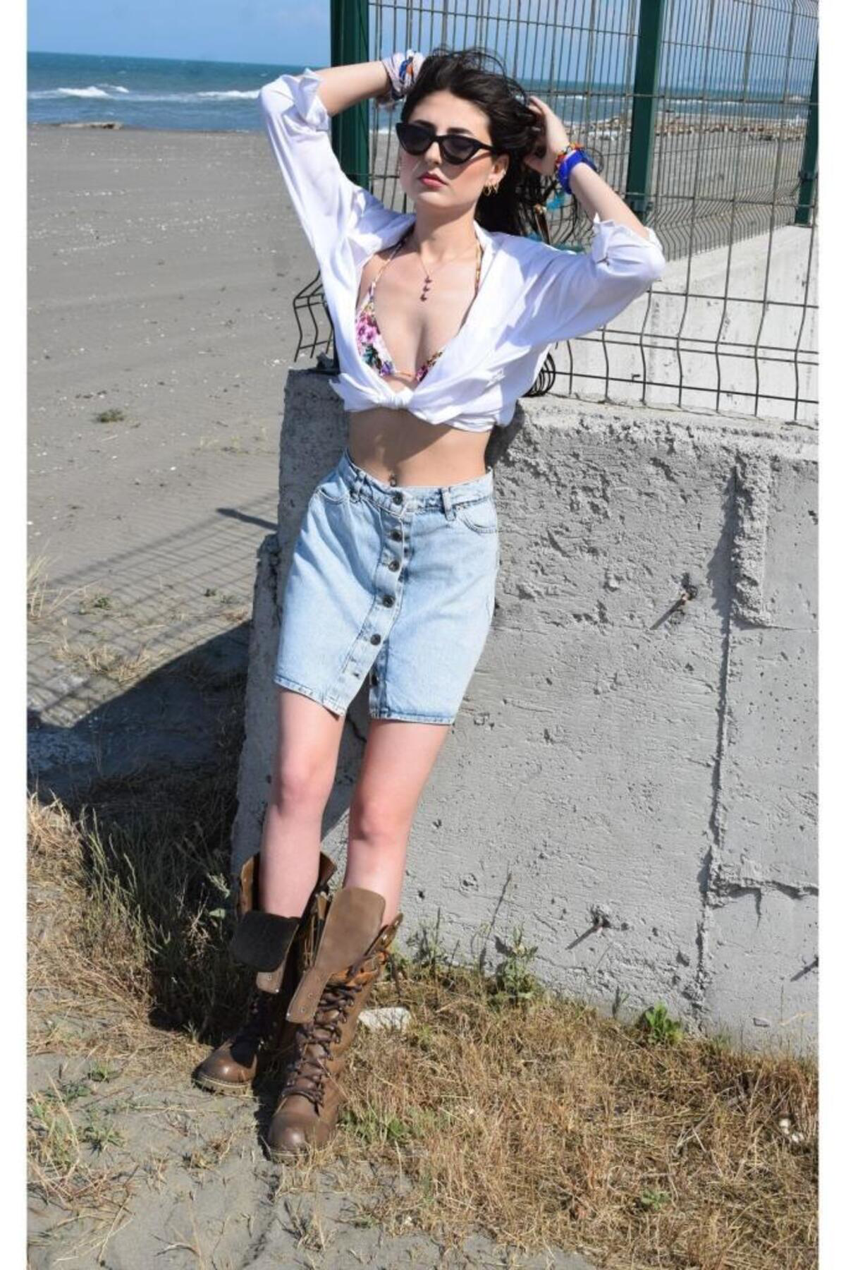 Pasaklı Giyim Kadın Kar Yıkama Düğmeli Cepli Denim Kot Mini Etek