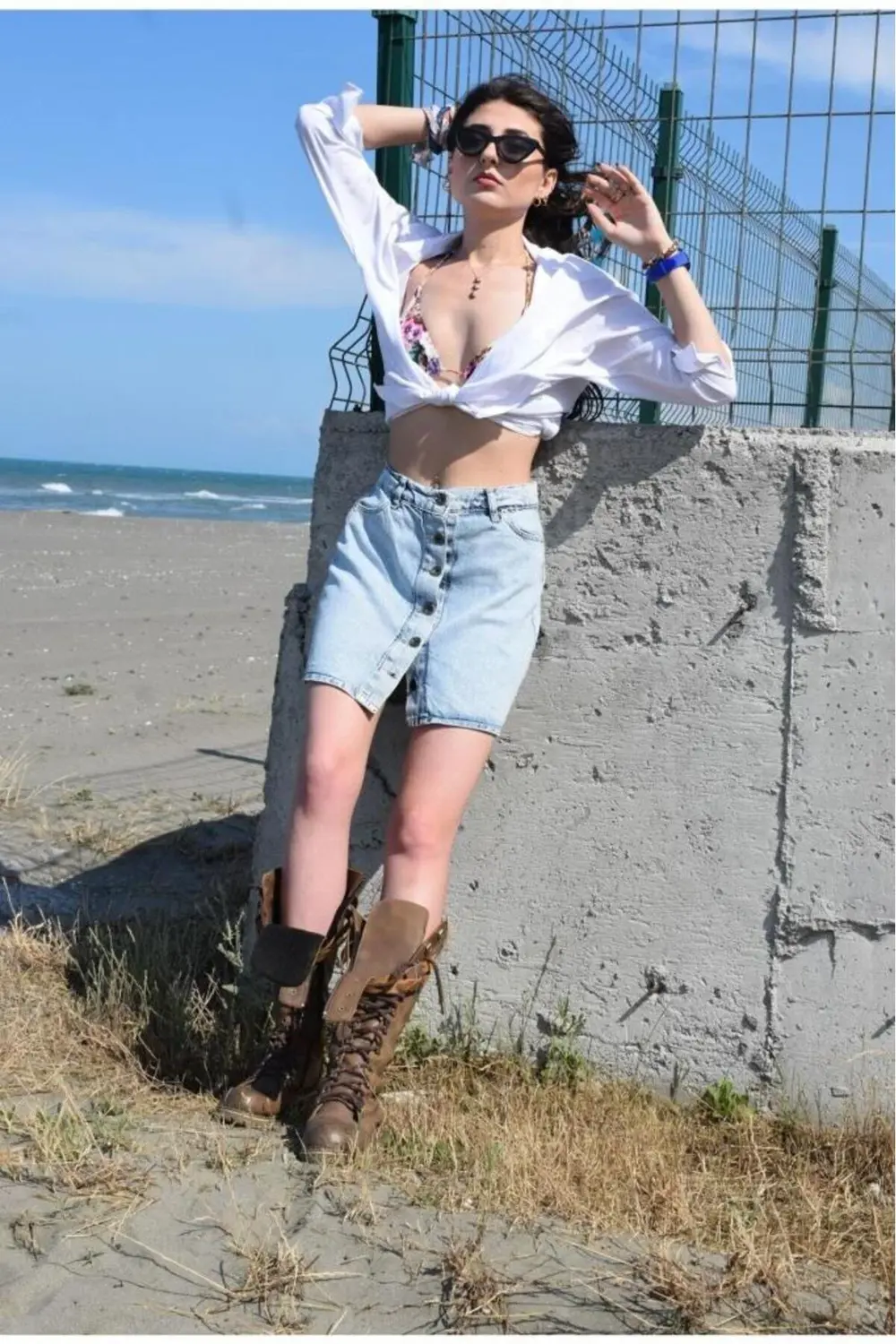 Kadın Kar Yıkama Düğmeli Cepli Denim Kot Mini Etek