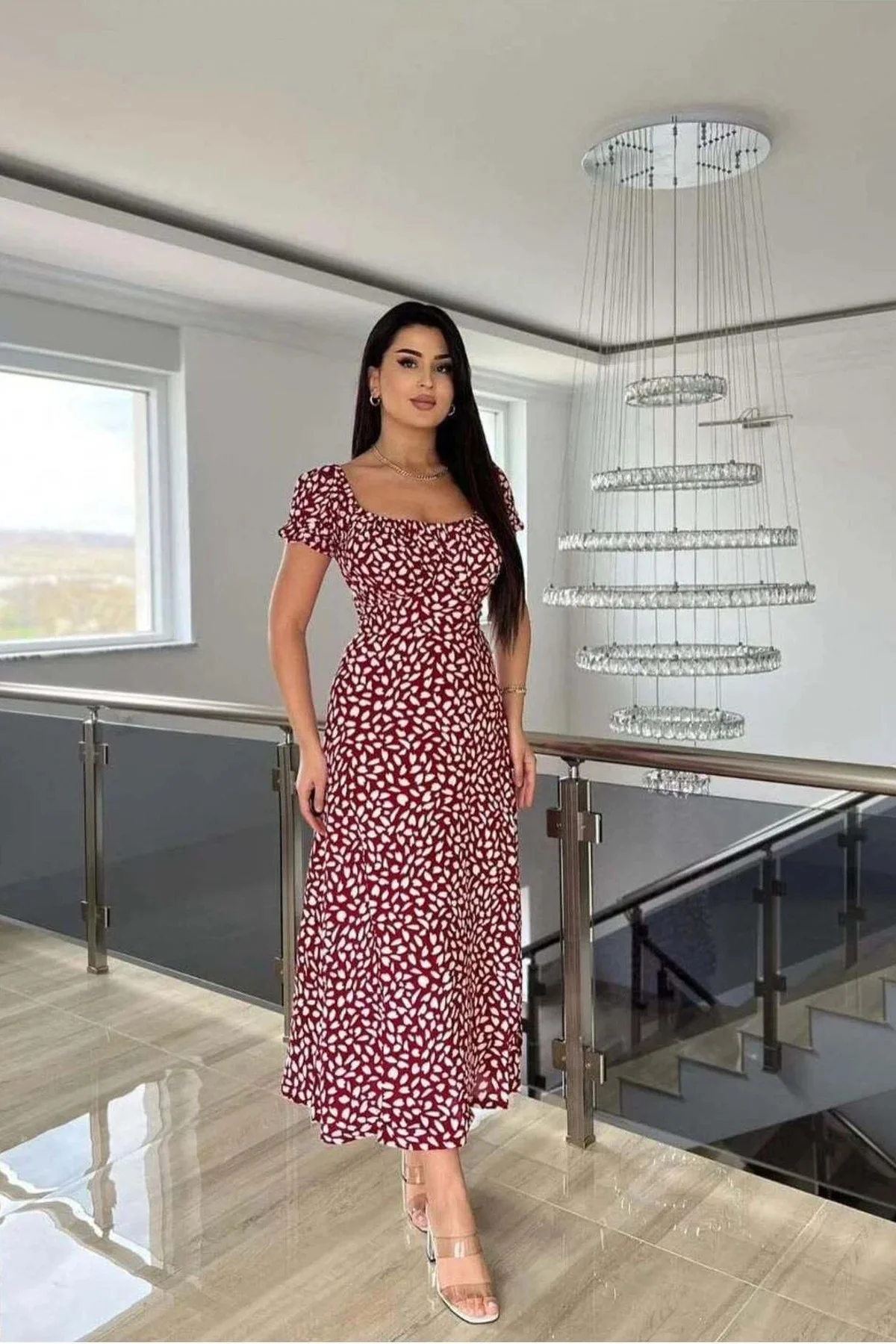 Kadın Kare Yaka Kemerli Midi Elbise Kadın Kare Yaka Kemerli Midi Elbise