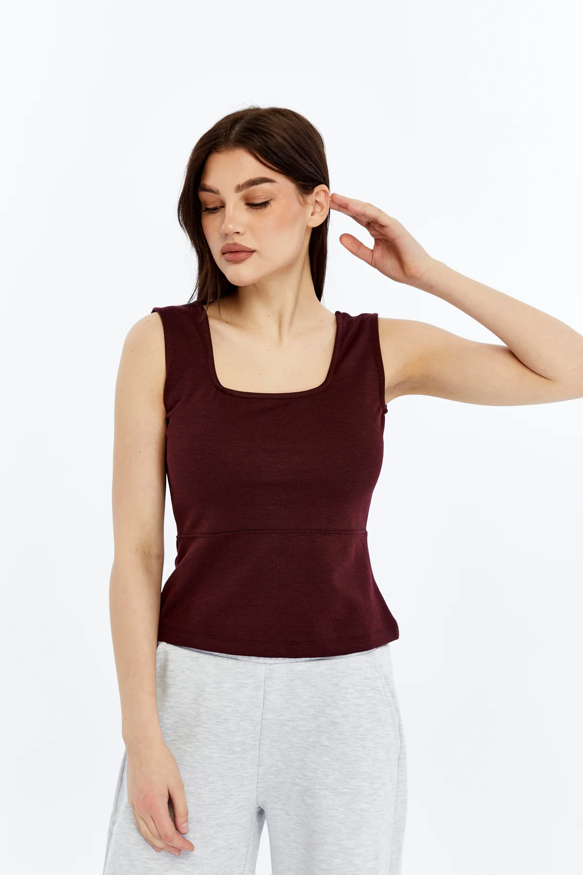 Kadın Kare Yaka Kolsuz Kalın Askılı Esnek Basic Bluz