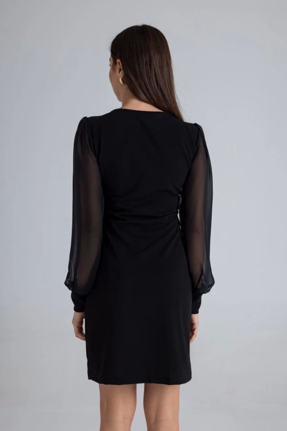 Kadın Kare Yaka Kolları Tül Sandy Kumaş Fırsat ürün Mini Siyah El