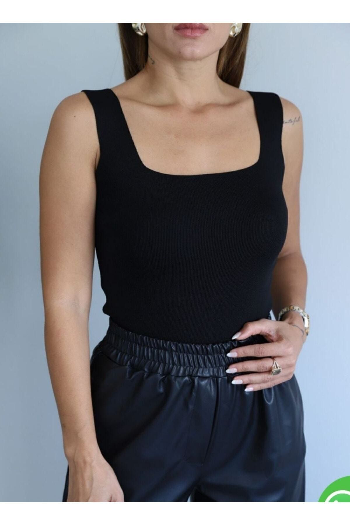 Kadın Kare Yaka Triko Atlet Bluz Siyah