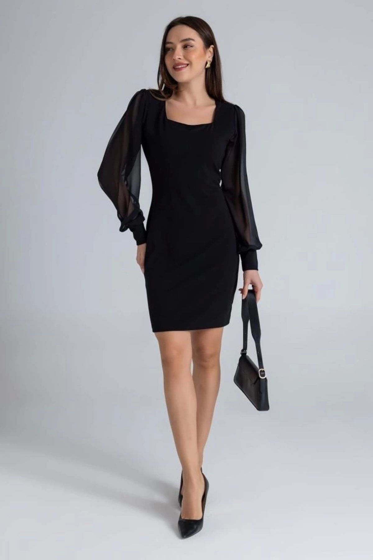 Kadın Kare Yaka Kolları Tül Sandy Kumaş Fırsat ürün Mini Siyah El