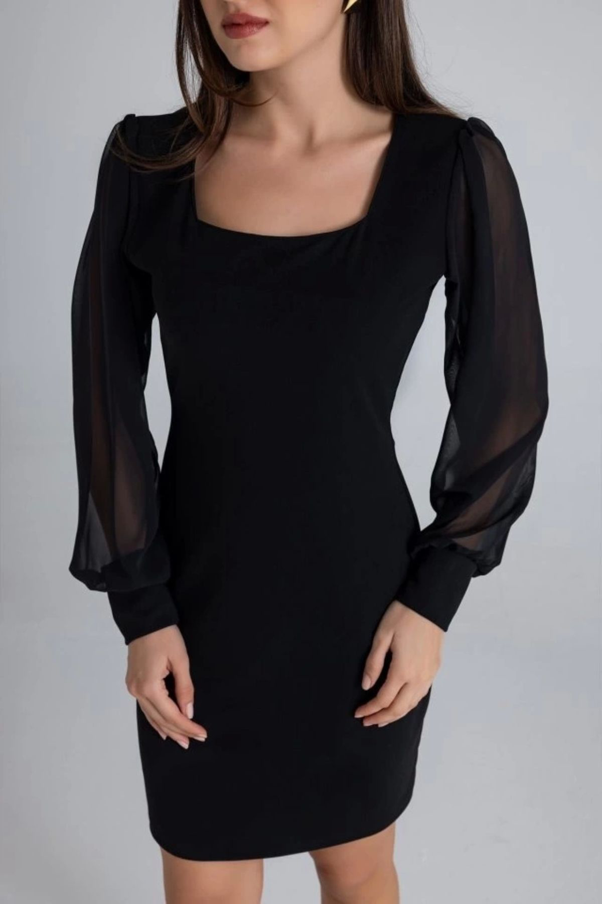 Kadın Kare Yaka Kolları Tül Sandy Kumaş Fırsat ürün Mini Siyah El