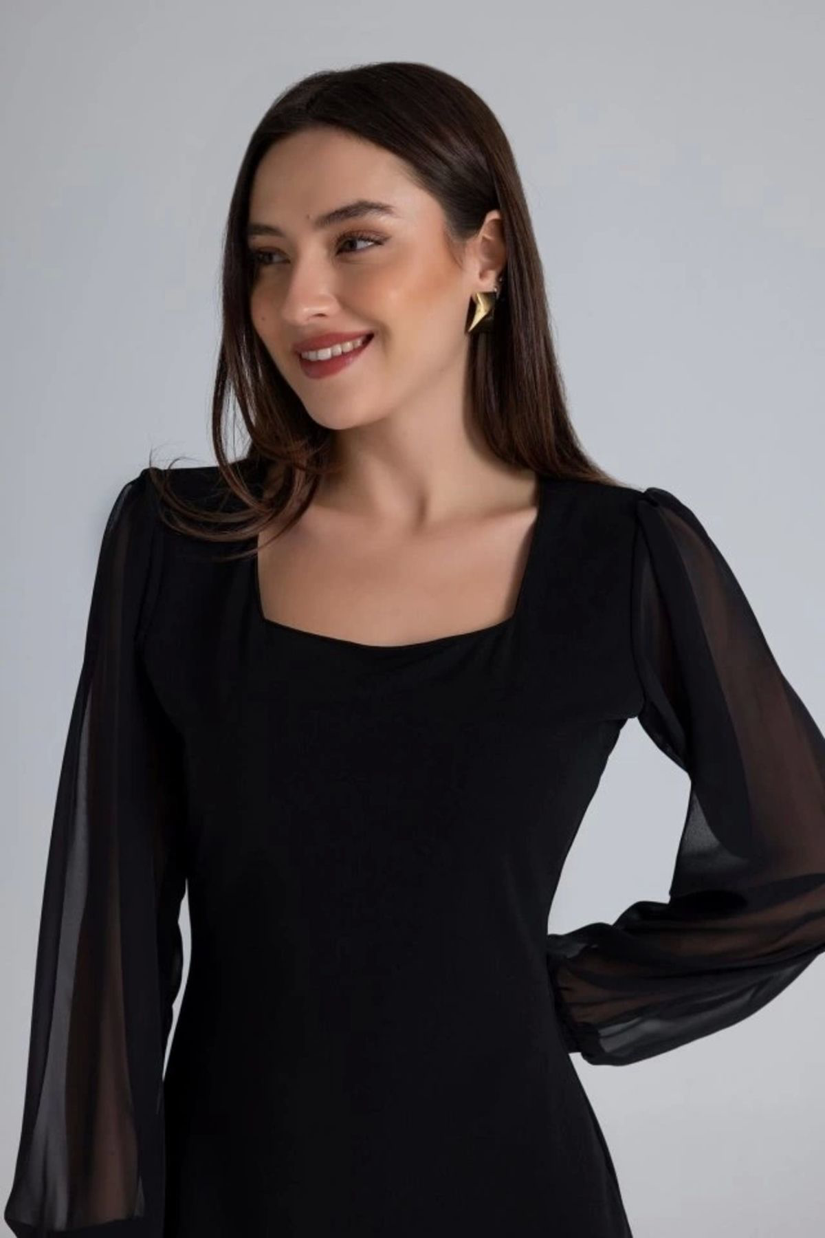 Kadın Kare Yaka Kolları Tül Sandy Kumaş Fırsat ürün Mini Siyah El