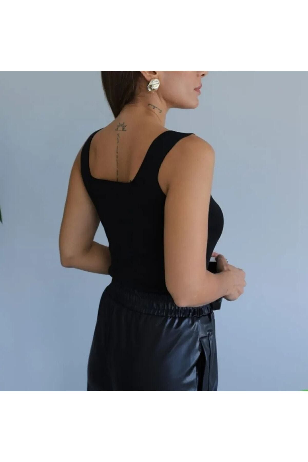 Kadın Kare Yaka Triko Atlet Bluz Siyah