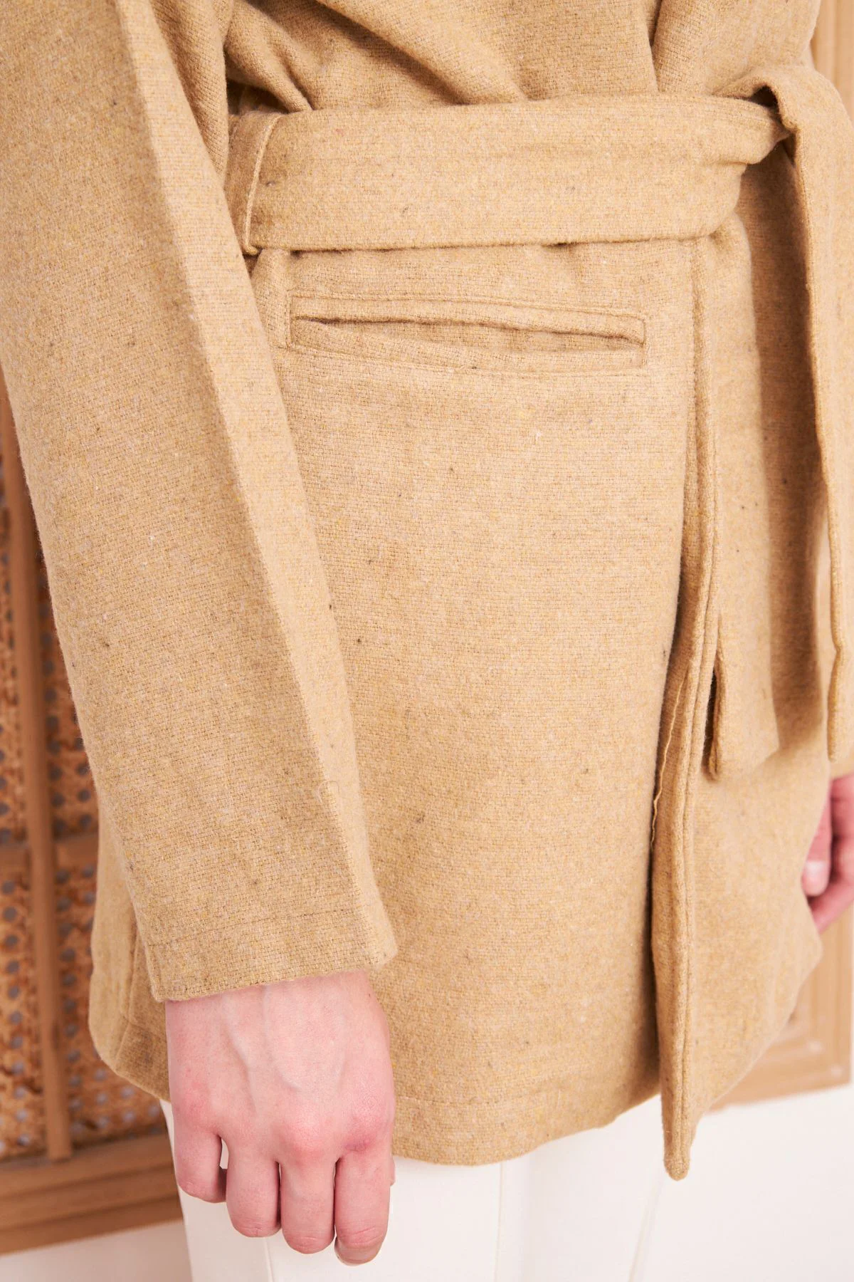 Kadın Kaşe Camel Cepli Kuşaklı Ceket Yaka Astarsız Kısa Oversize Salaş Kışlık Hırka Kaban 3296341