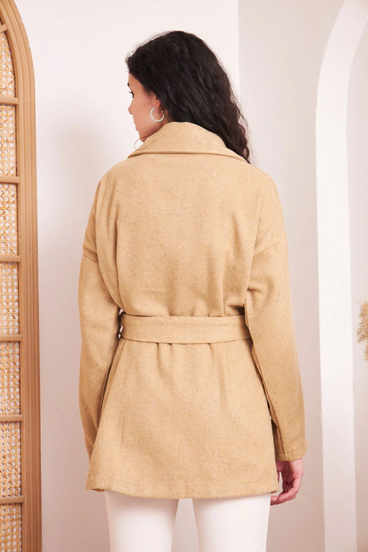 Kadın Kaşe Camel Cepli Kuşaklı Ceket Yaka Astarsız Kısa Oversize Salaş Kışlık Hırka Kaban 3296341