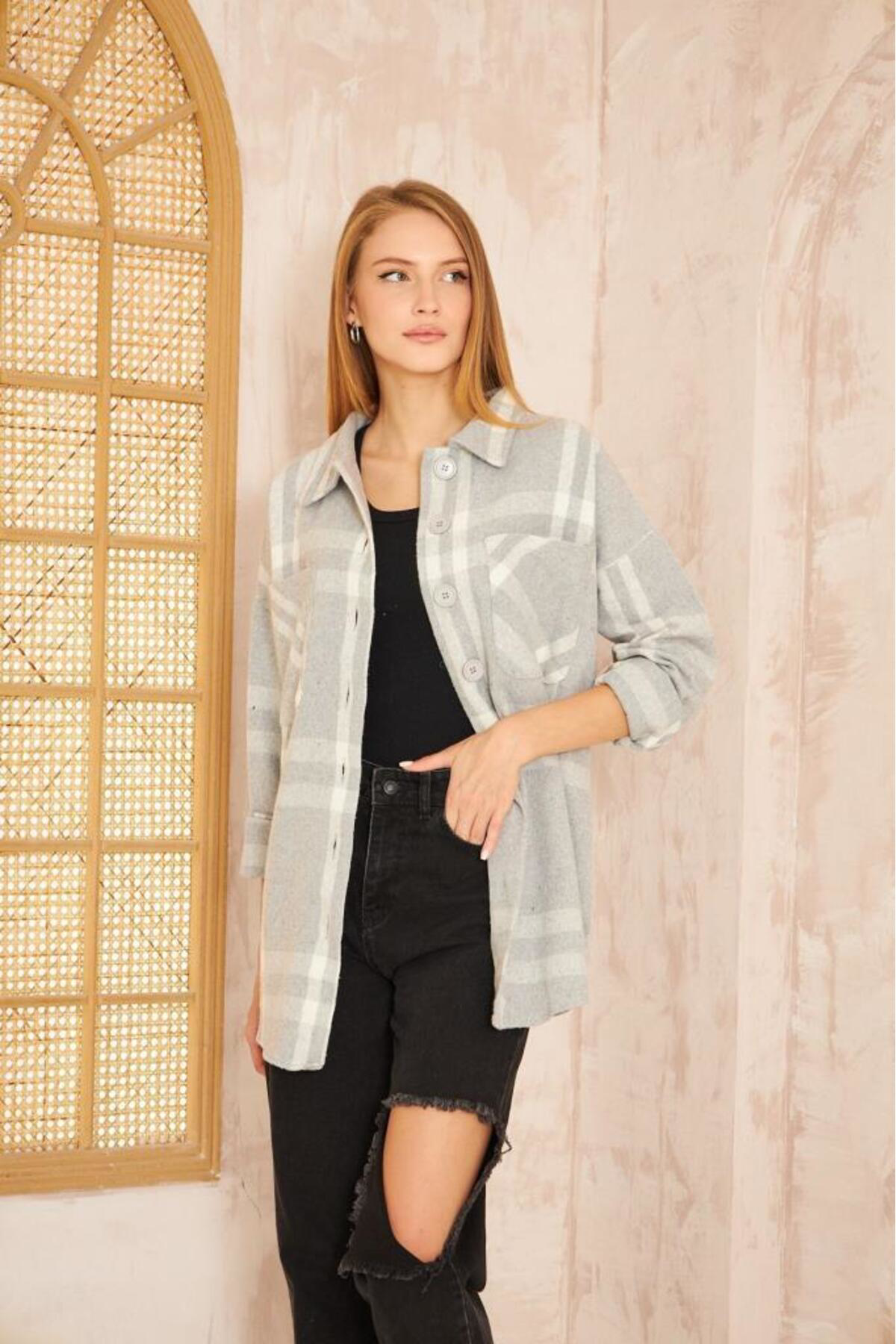 Pasaklı Giyim Kadın Kaşe Ekose Desenli Rahat Kalıp Uzun Cepli Spor Oduncu Gömle