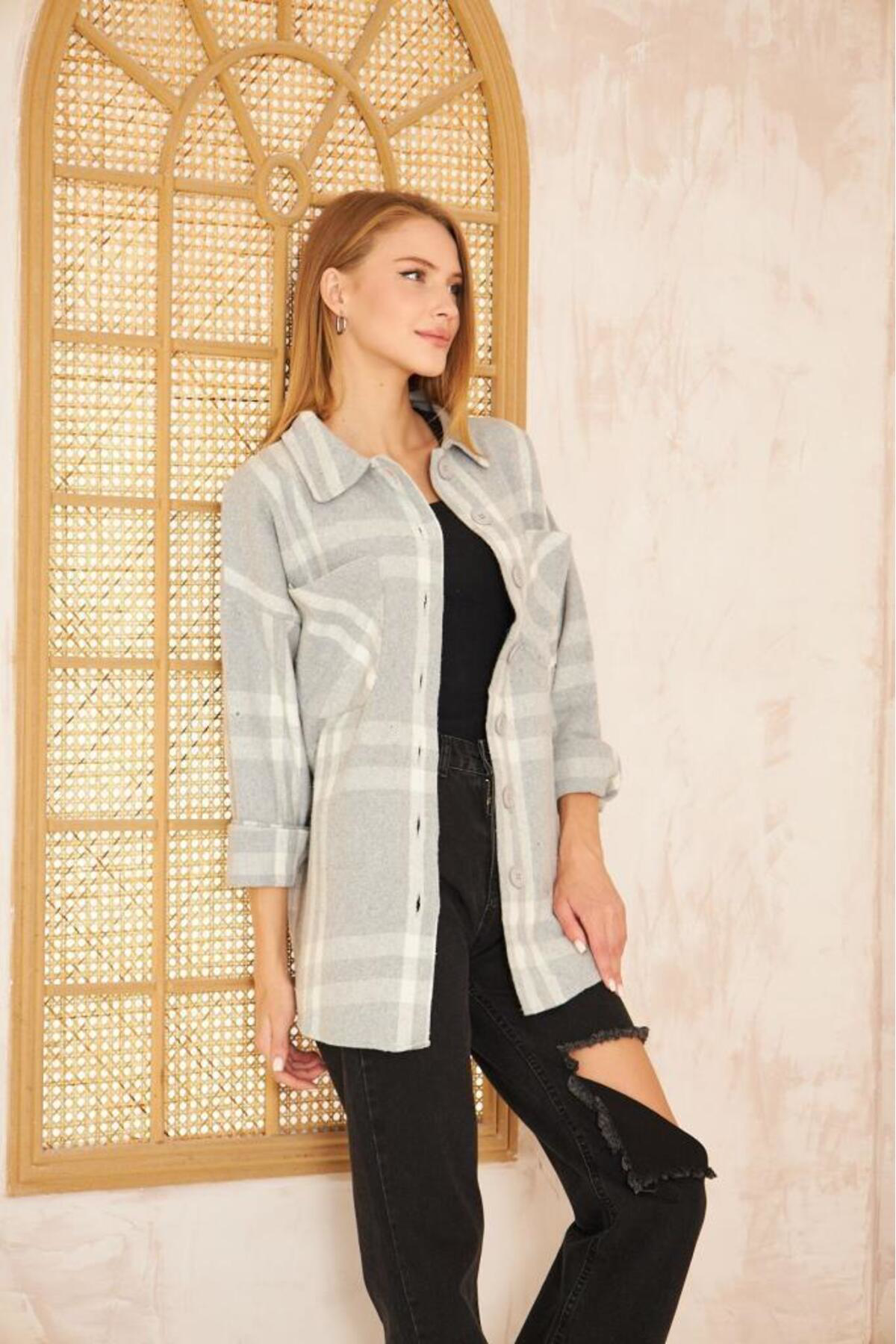 Pasaklı Giyim Kadın Kaşe Ekose Desenli Rahat Kalıp Uzun Cepli Spor Oduncu Gömle