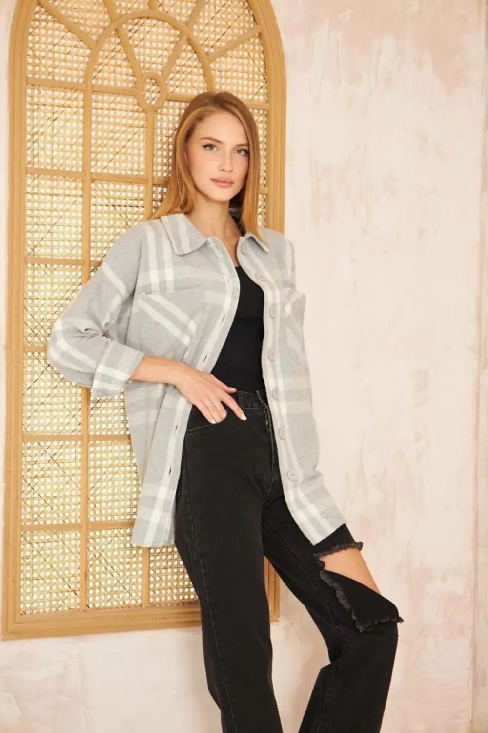 Kadın Kaşe Ekose Desenli Rahat Kalıp Uzun Cepli Spor Oduncu Gömle