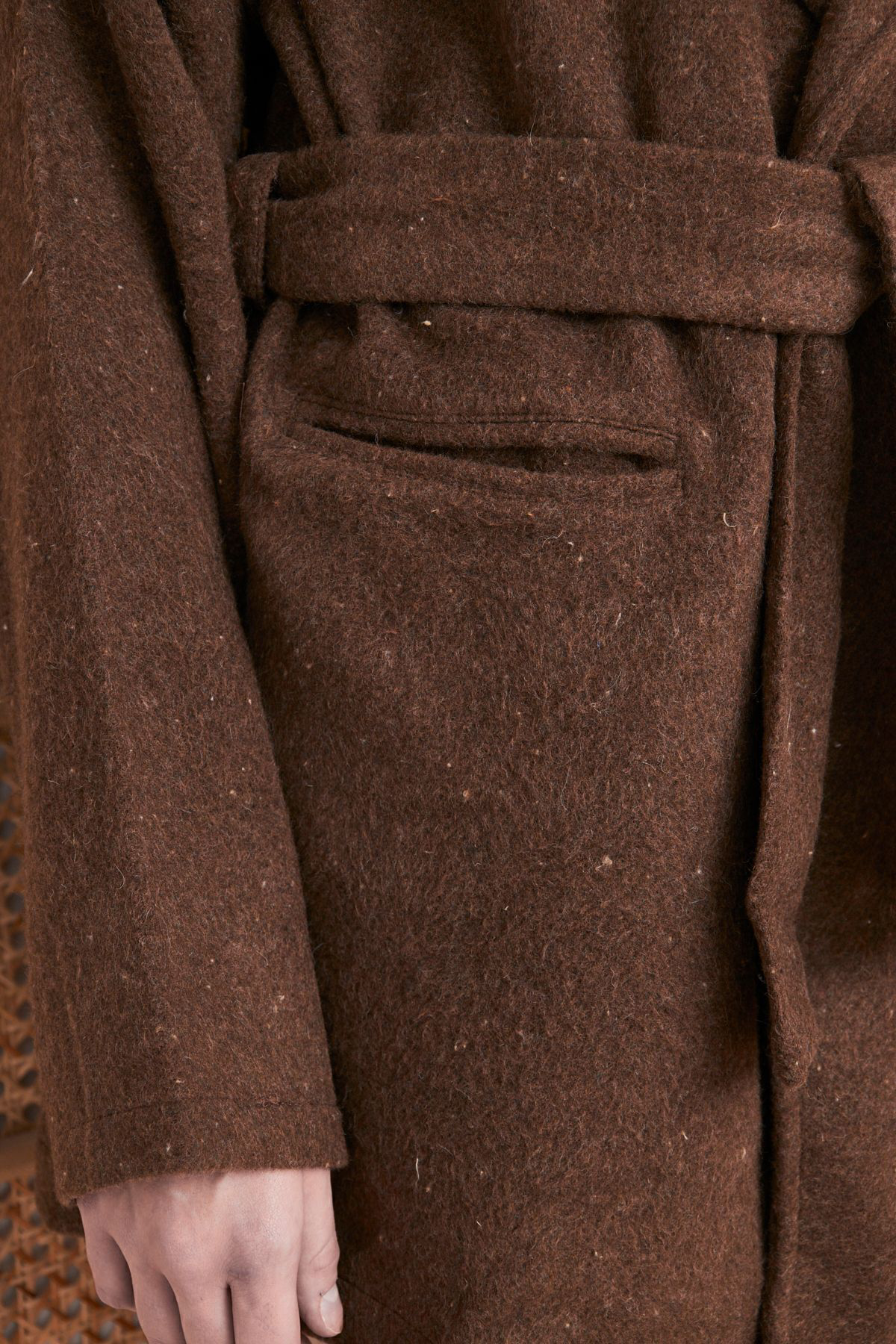 Kadın Kaşe Kahverengi Cepli Kuşaklı Ceket Yaka Astarsız Kısa Over