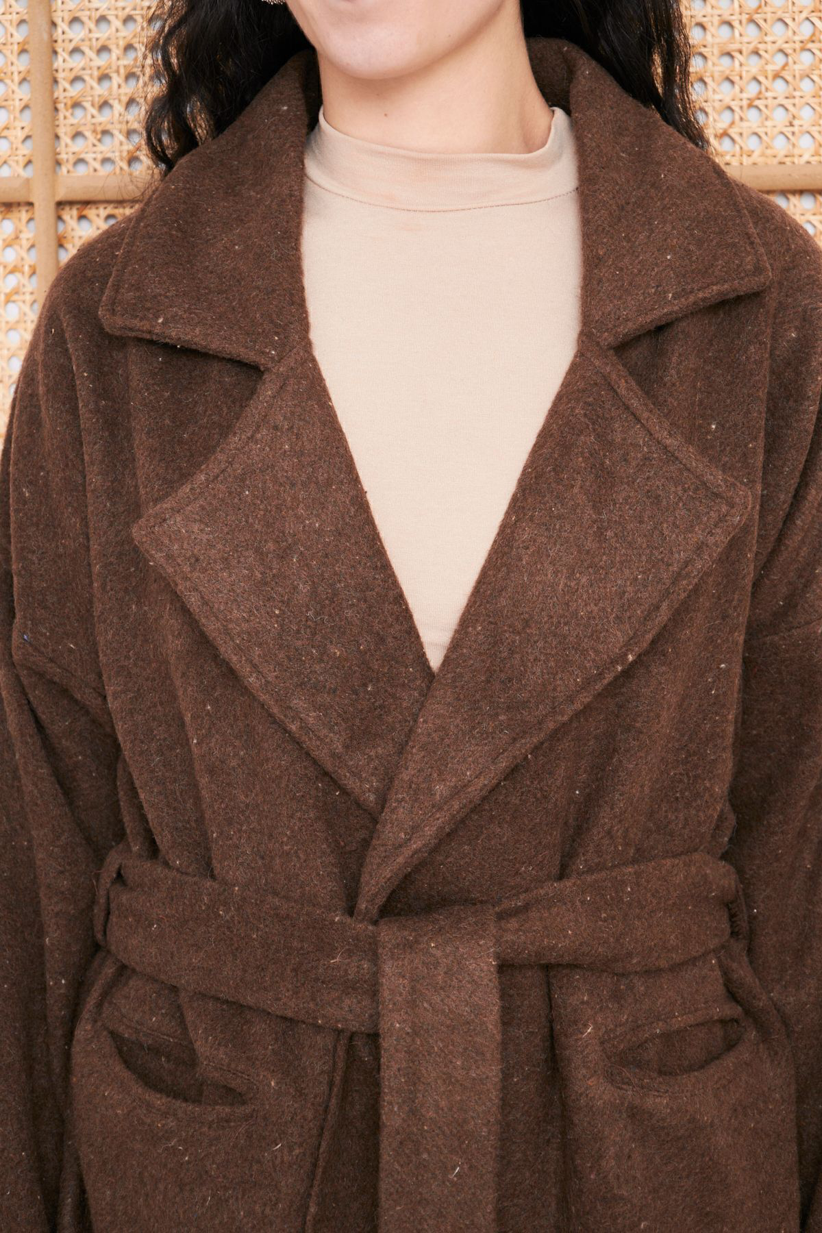 Kadın Kaşe Kahverengi Cepli Kuşaklı Ceket Yaka Astarsız Kısa Over