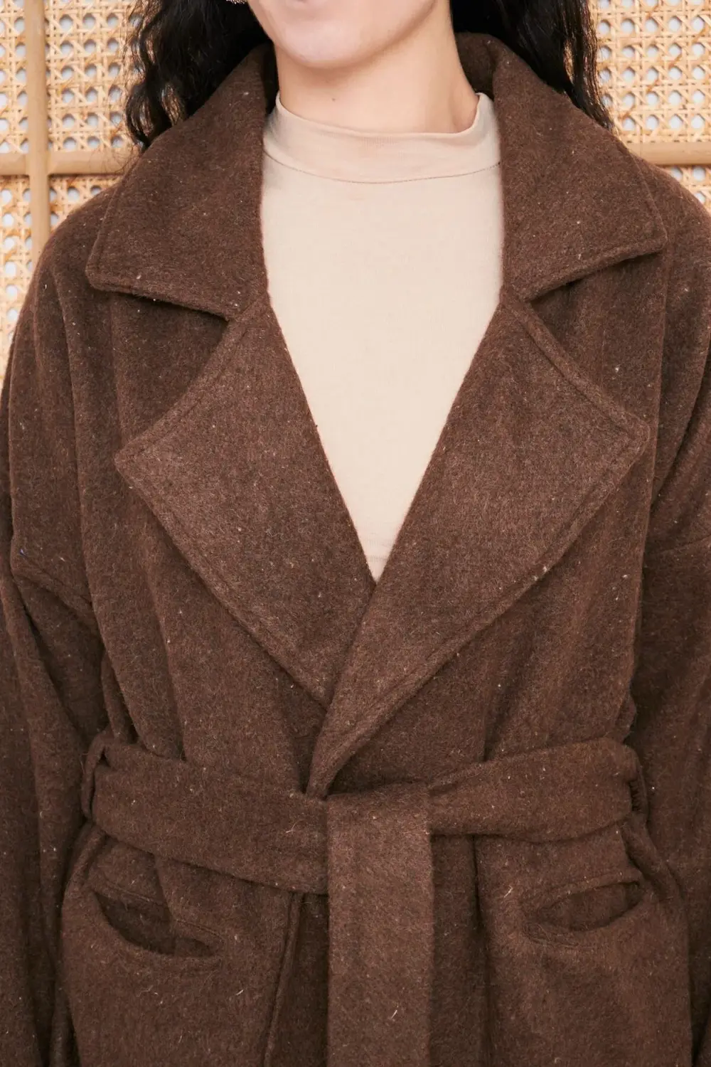 Kadın Kaşe Kahverengi Cepli Kuşaklı Ceket Yaka Astarsız Kısa Over