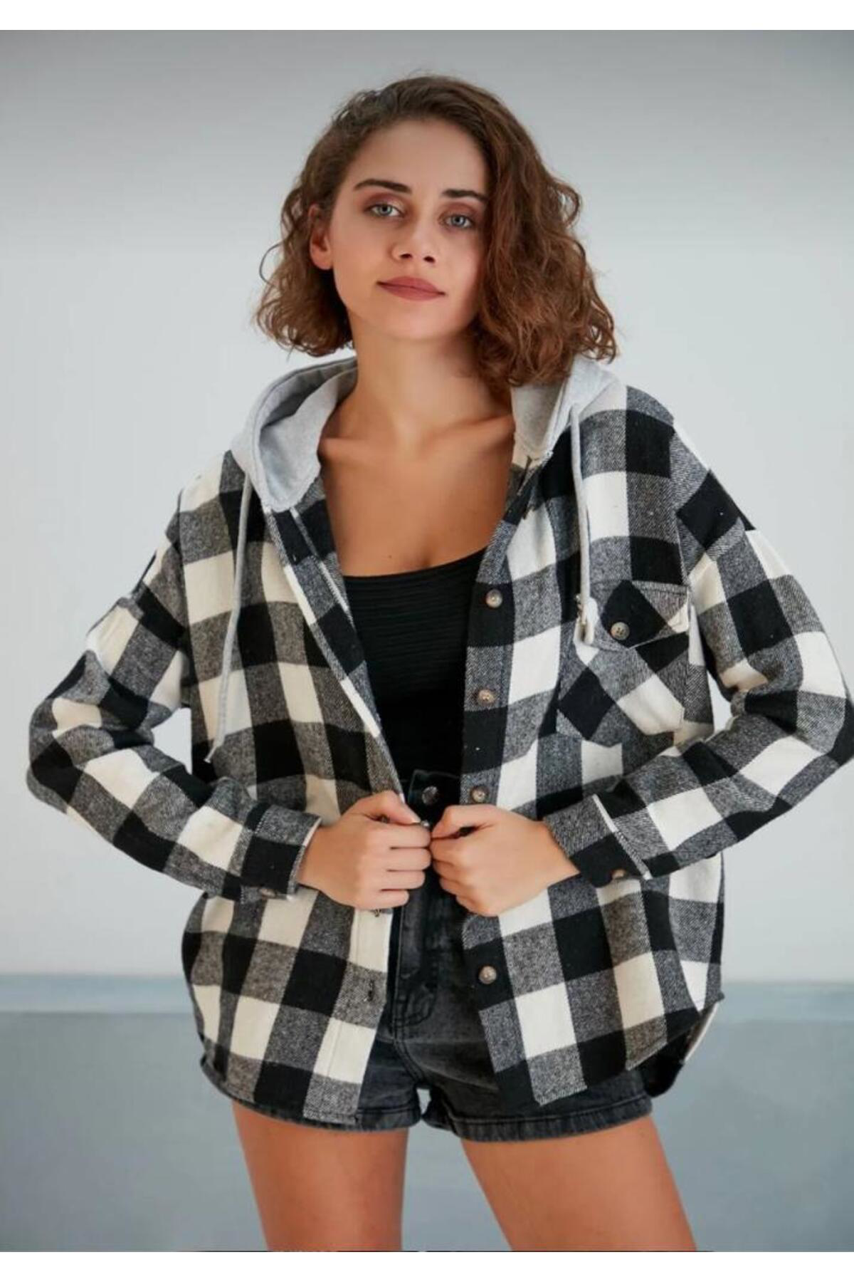 Pasaklı Giyim Kadın Kaşe Kapüşonlu Oduncu Gömlek 3667280