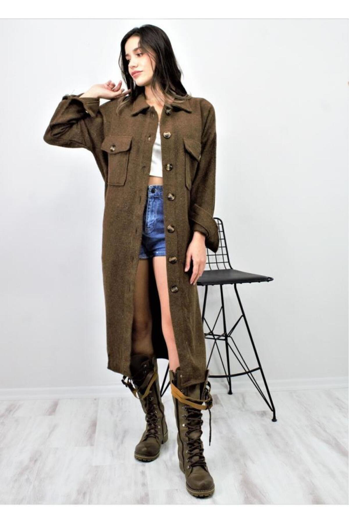 Pasaklı Giyim Kadın Kaşe Kemerli Çift Cep Düğmeli Uzun Oversize Oduncu Gömlek T