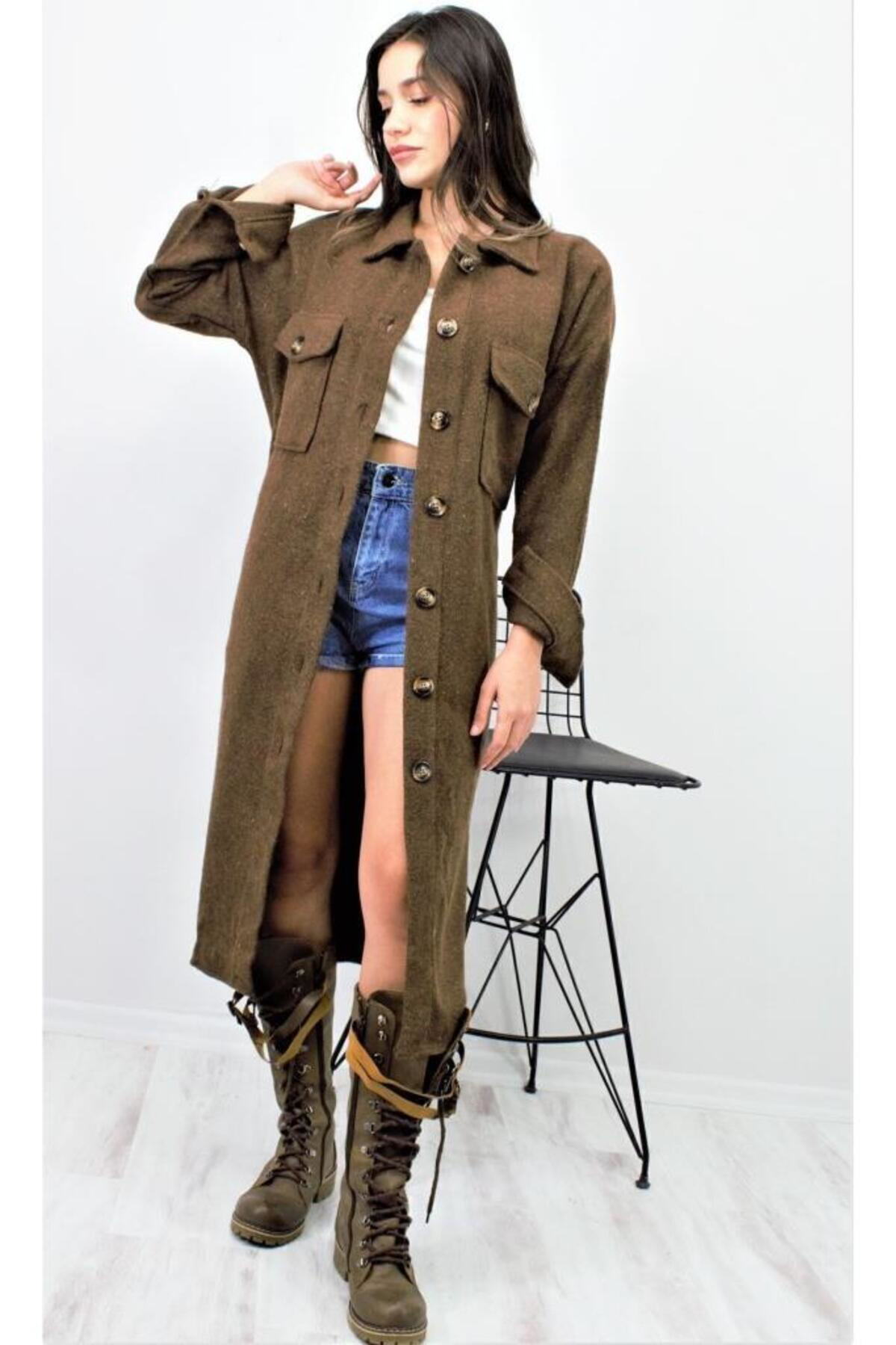 Pasaklı Giyim Kadın Kaşe Kemerli Çift Cep Düğmeli Uzun Oversize Oduncu Gömlek T