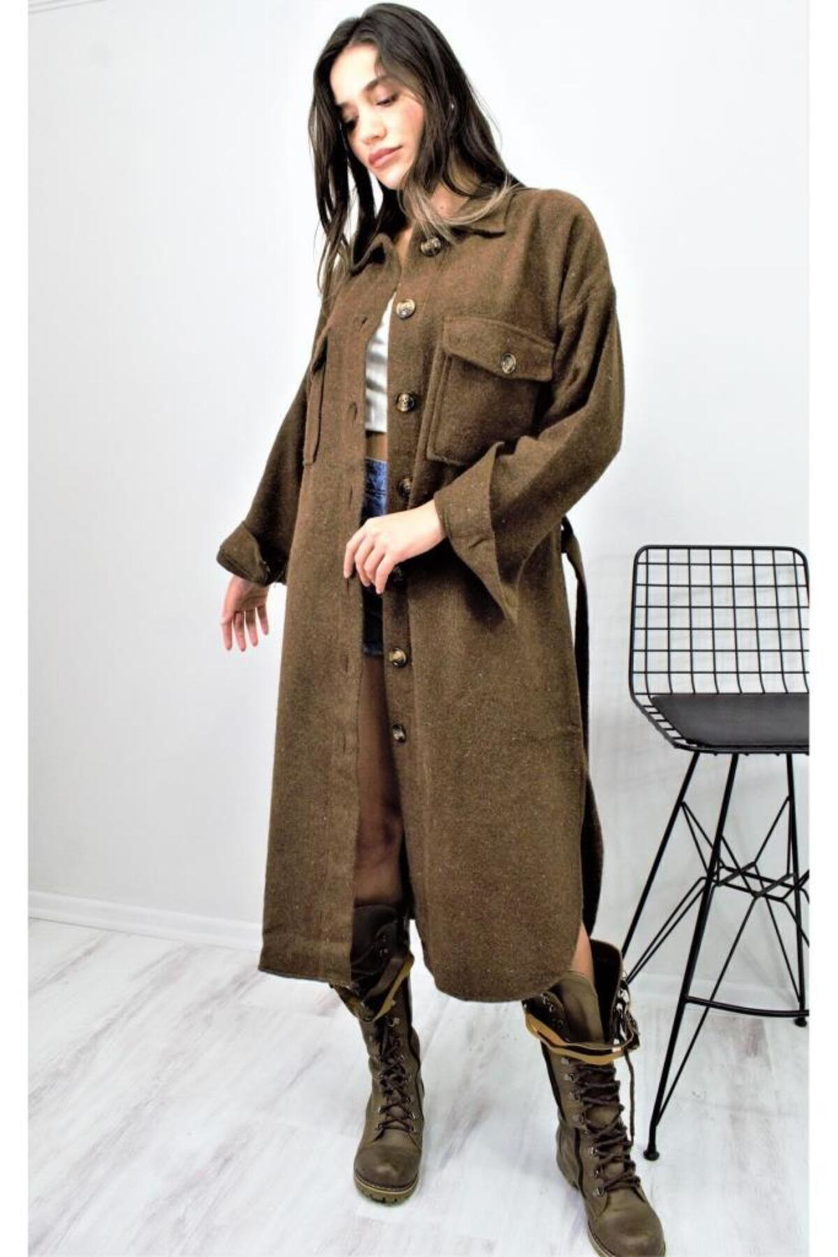 Pasaklı Giyim Kadın Kaşe Kemerli Çift Cep Düğmeli Uzun Oversize Oduncu Gömlek T